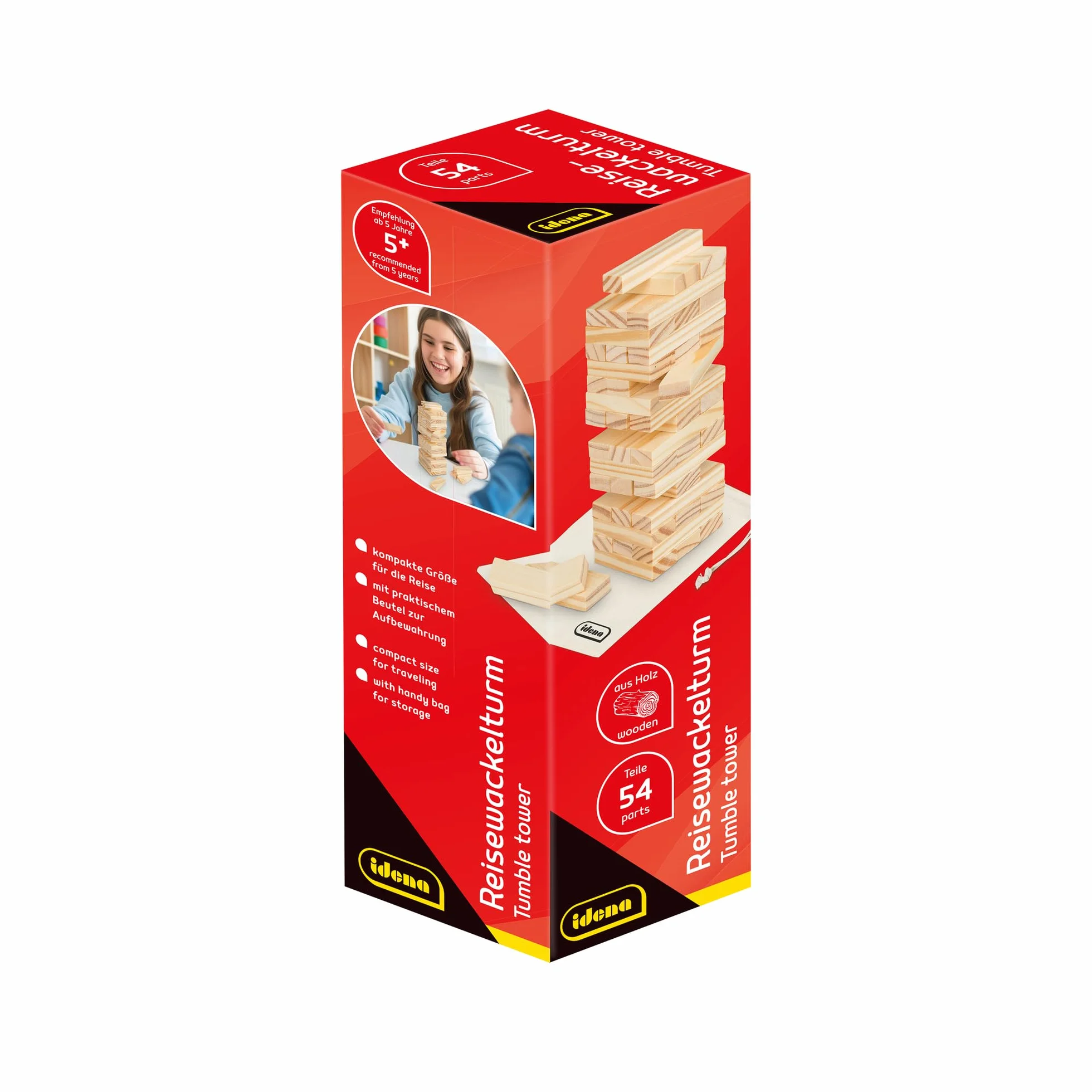 Idena 40088 Torre di mattoncini di legno, Gioco da Viaggio, Di abilità, 54 mattoncini, Borsa per riporli, Colore Legno, 14.4 x 4.8 x 4.8 cm