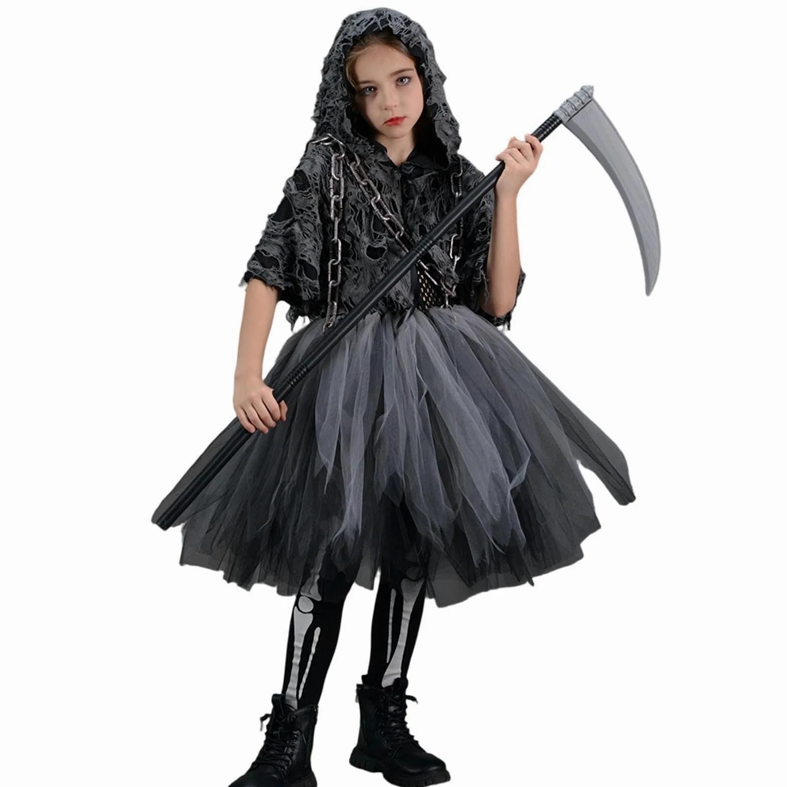 Generico Costume Morte Bambina, Costume Halloween Bambina | Abito Nero con Cappuccio, Catena & Falce Giocattolo, Bordi Strappati, Perfetto per Halloween, Ideale per il Gioco di Ruolo e13