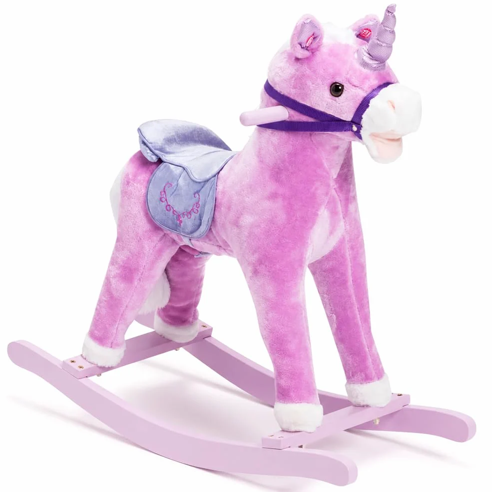 BAKAJI Cavallo a Dondolo per Bambini con Suoni Realistici, Animale che Nitrisce e Muove la bocca Struttura in Legno e Tessuto, Unicorno Peluche Rosa, Giochi Infanzia