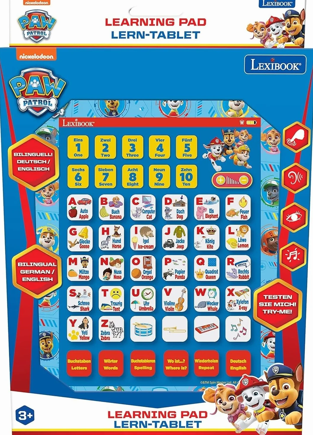 Lexibook Paw Patrol, JCPAD002PAi3, tavoletta educativa bilingue interattiva, Giocattolo per Imparare Lettere dell'alfabeto, Numeri, Parole, ortografia e Musica, Lingua Inglese/Tedesca, Blu