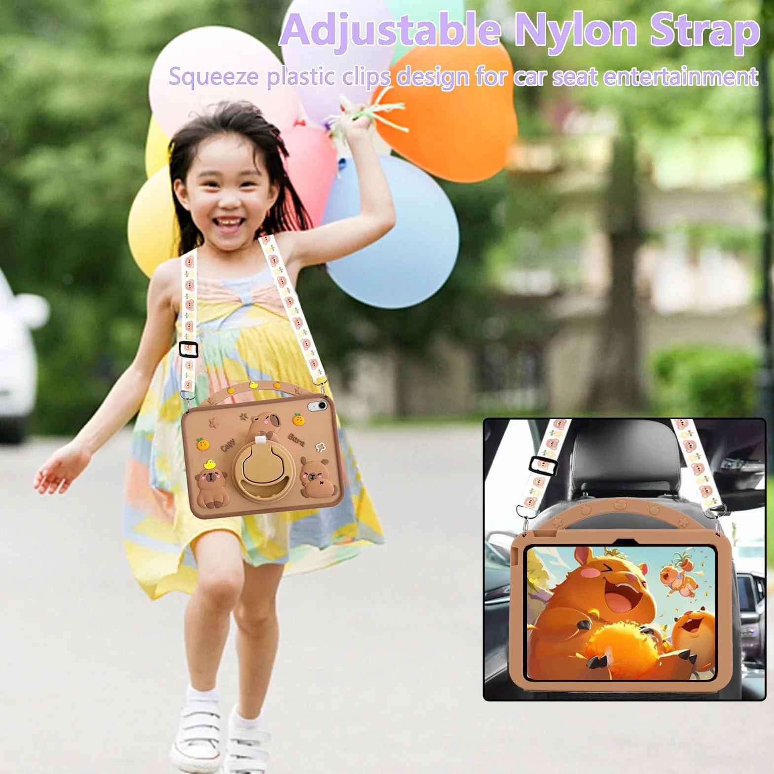 Custodia Bambini Compatibile con iPad (A16) 11a/10a Generazione (2025/2022), Antiurto Silicone Capybara Cover con Portapenna, Supporto per Maniglia, Tracolla