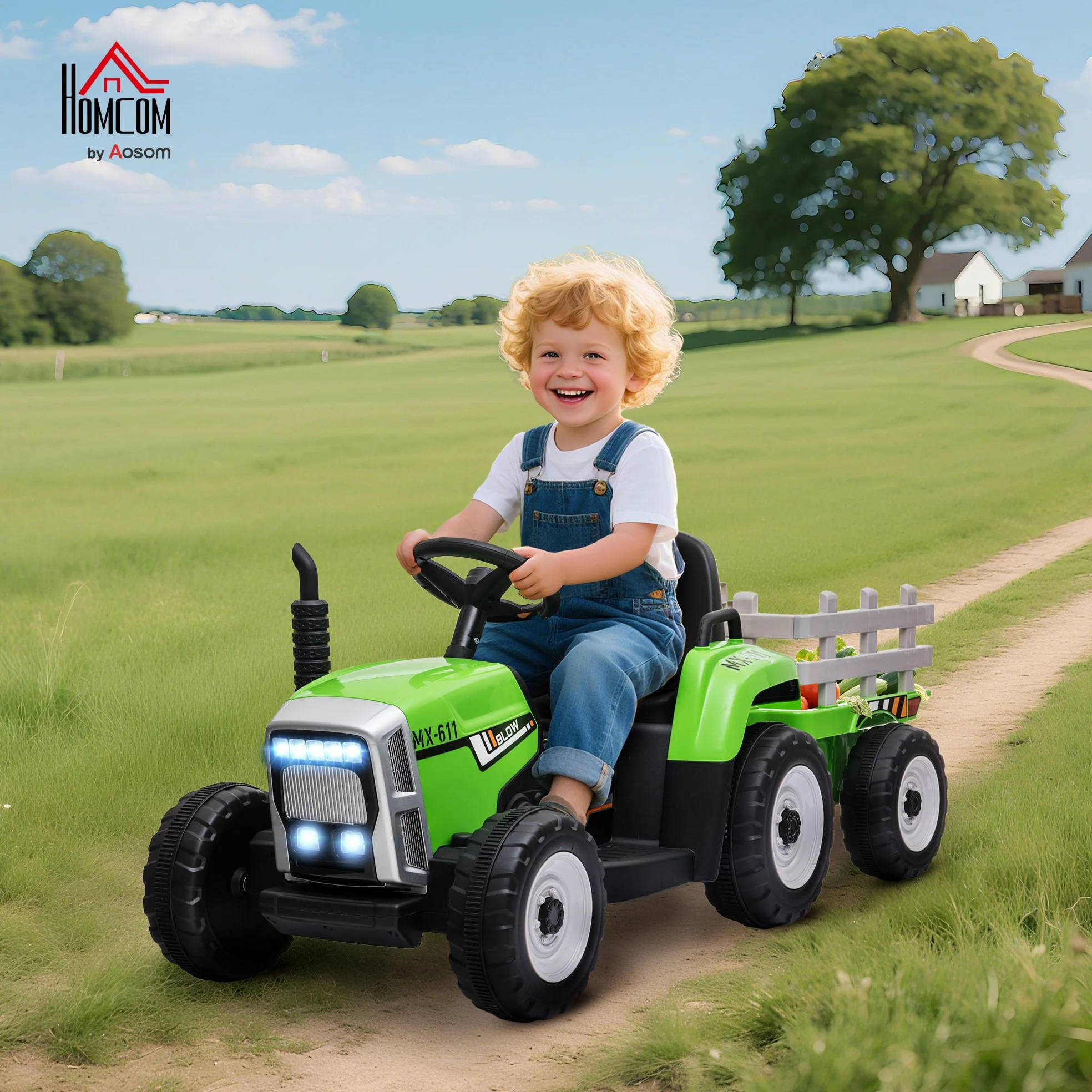 HOMCOM Trattore Elettrico per Bambini Rimorchio Rimovibile 3-6 Anni Verde | Batteria 12V Ricaricabile con Telecomando, Porta USB, Musica Preinstallata e Luci