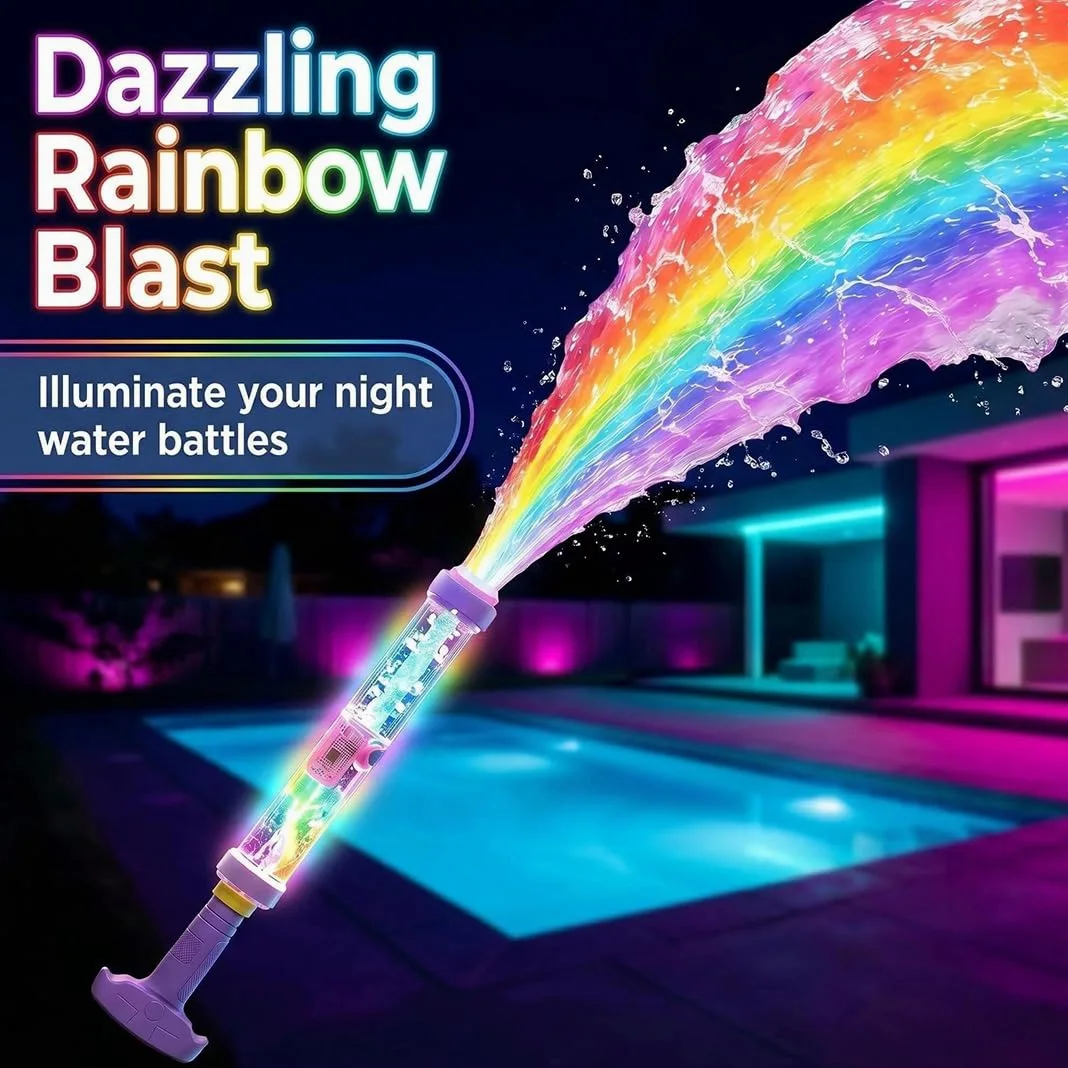 Blaster ad acqua a LED arcobaleno incandescente, spara fuochi d'artificio, divertimento estivo che si apre come per magia, pistola ad acqua arcobaleno per feste in piscina all'aperto giochi d'acqua