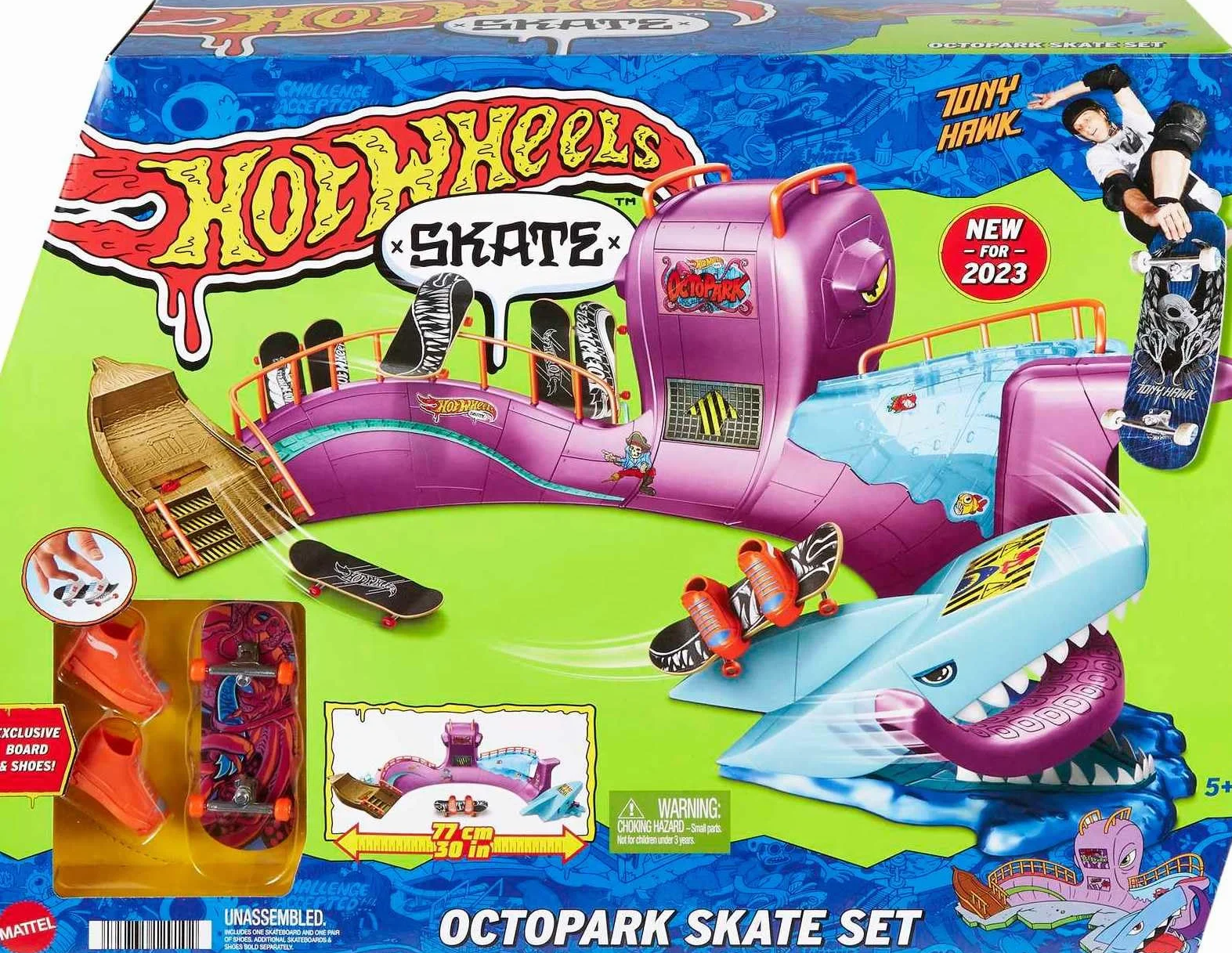 Hot Wheels Skate - Skatepark della Piovra, Playset con esclusivo fingerboard e un paio di scarpe da skate rimovibili, box per riporre tavole e scarpe, giocattolo per bambini, 5+ anni, HMK01