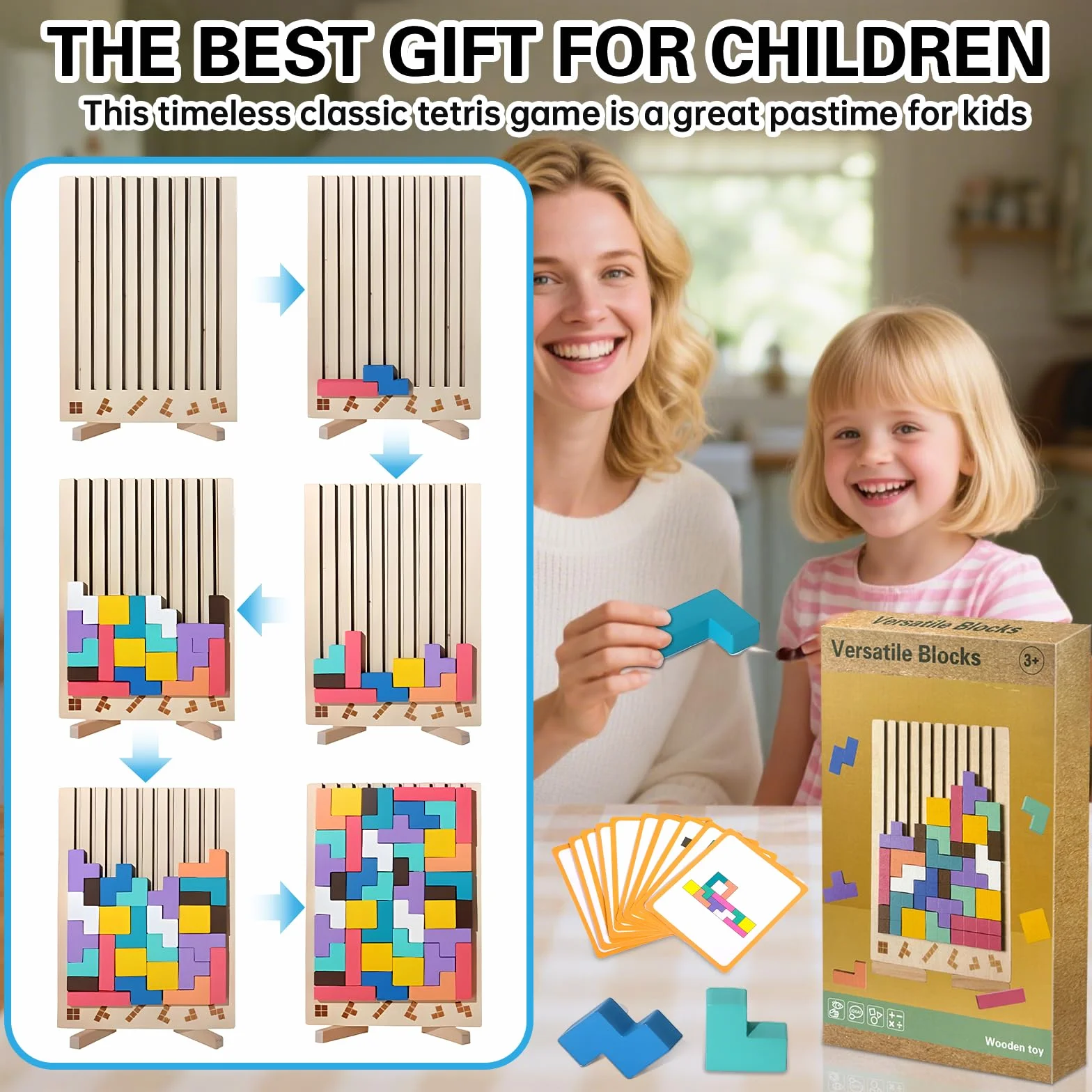 ZLPBAO Tetris Gioco per Bambini con 10 Carte e Borsa, Puzzle 3D di Legno Tetris Giochi montessori 3 anni, Intelligenza Jigsaw Rompicapo, Regali per Bambini di 3, 4, 5, 6 Anni