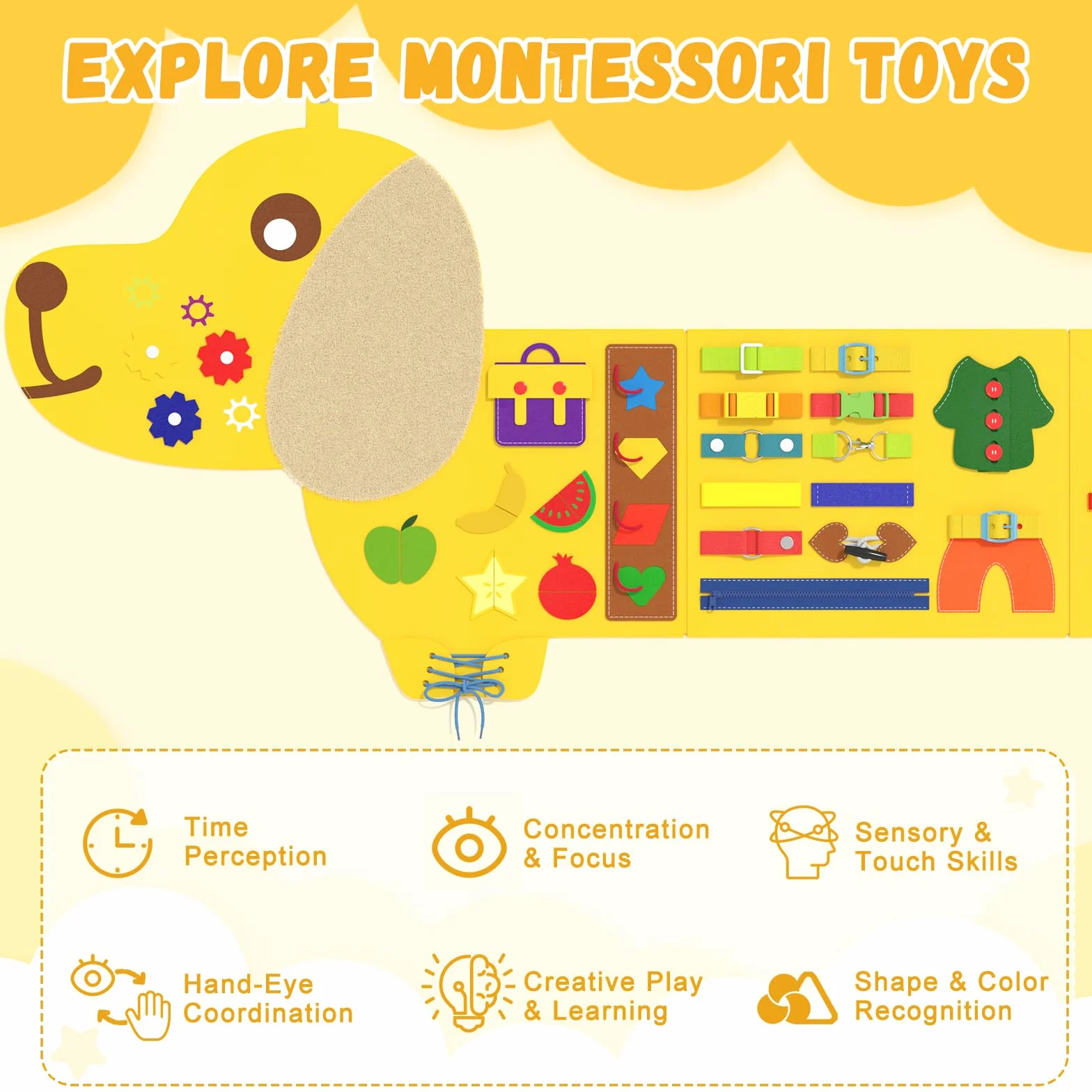Giocattolo da parete per bambini, sensoriale Montessori Busy Board, cubo di attività in feltro per bambini, giocattolo sensoriale montato a parete, regalo per ragazzi e ragazze, 3-6 anni