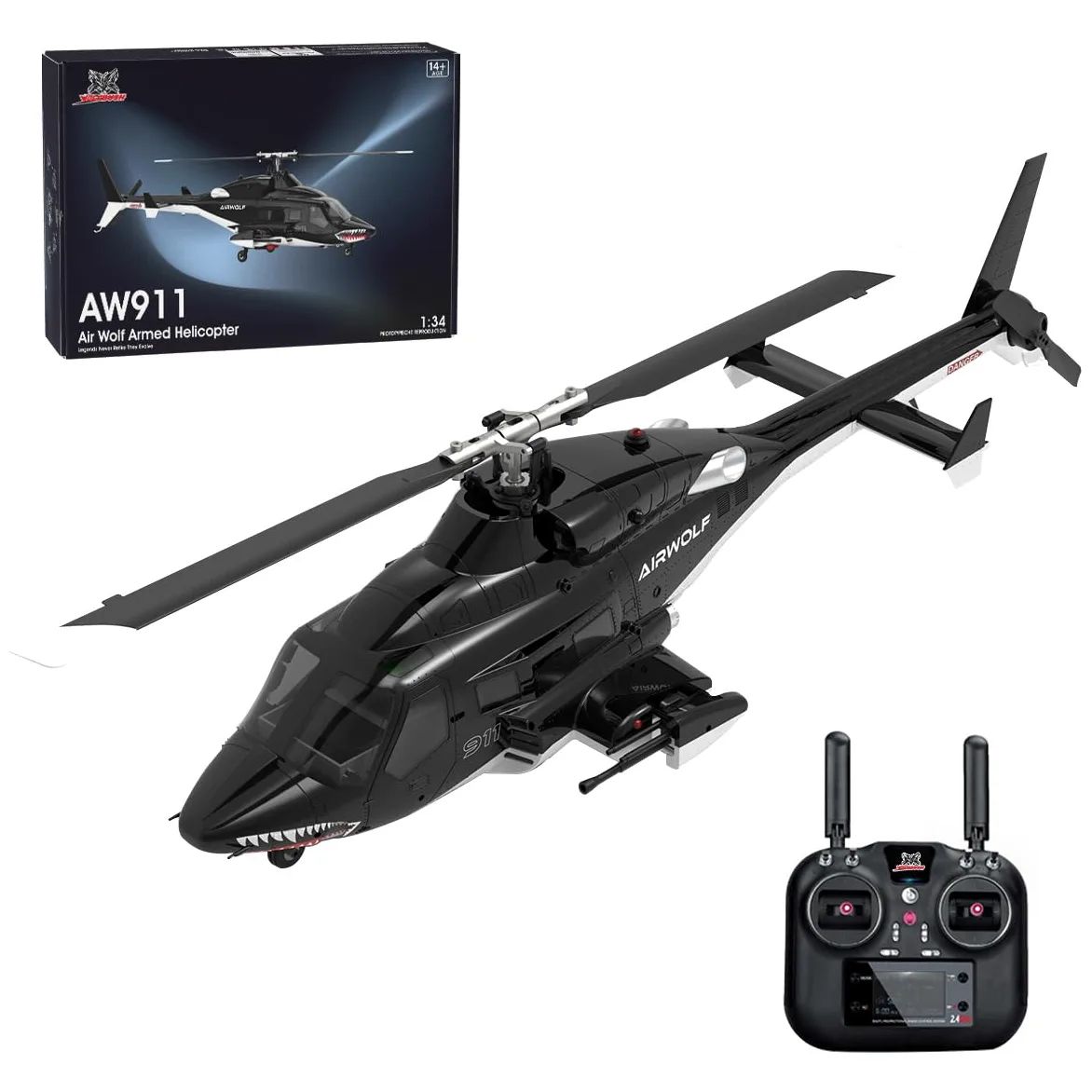 Air-wolf elicottero RC per adulti, aereo Wolfbush AW-911, scala 1/34, 2,4 G, 9 CH Flybarless con modalità cascata 6G/3D, modello elicottero RC a 1 batteria con posizionamento GPS