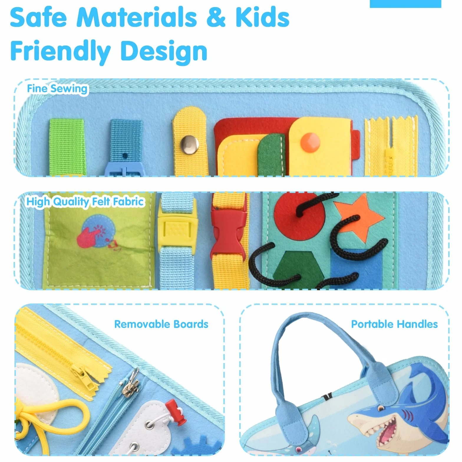 Busy Board per Bambini, Giochi Montessori 1-4 Anni, Giocattoli Educativi Sensoriali con Puzzle, Parole, Date, Orologi, Giochi di Pesca, Pulsante Sonoro, Cerniere e Fibbie