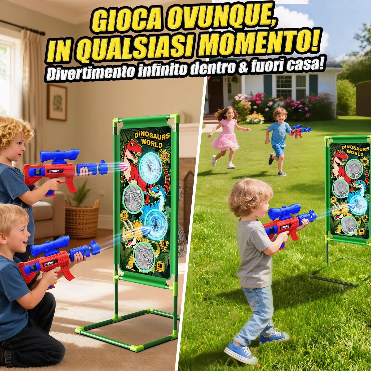 Giochi di Tiro al Bersaglio Dinosauro Giocattolo per Bambini 3-12 Anni 2 Air Blaster con Mira, 4 Bersagli e 24 Palline di Schiuma