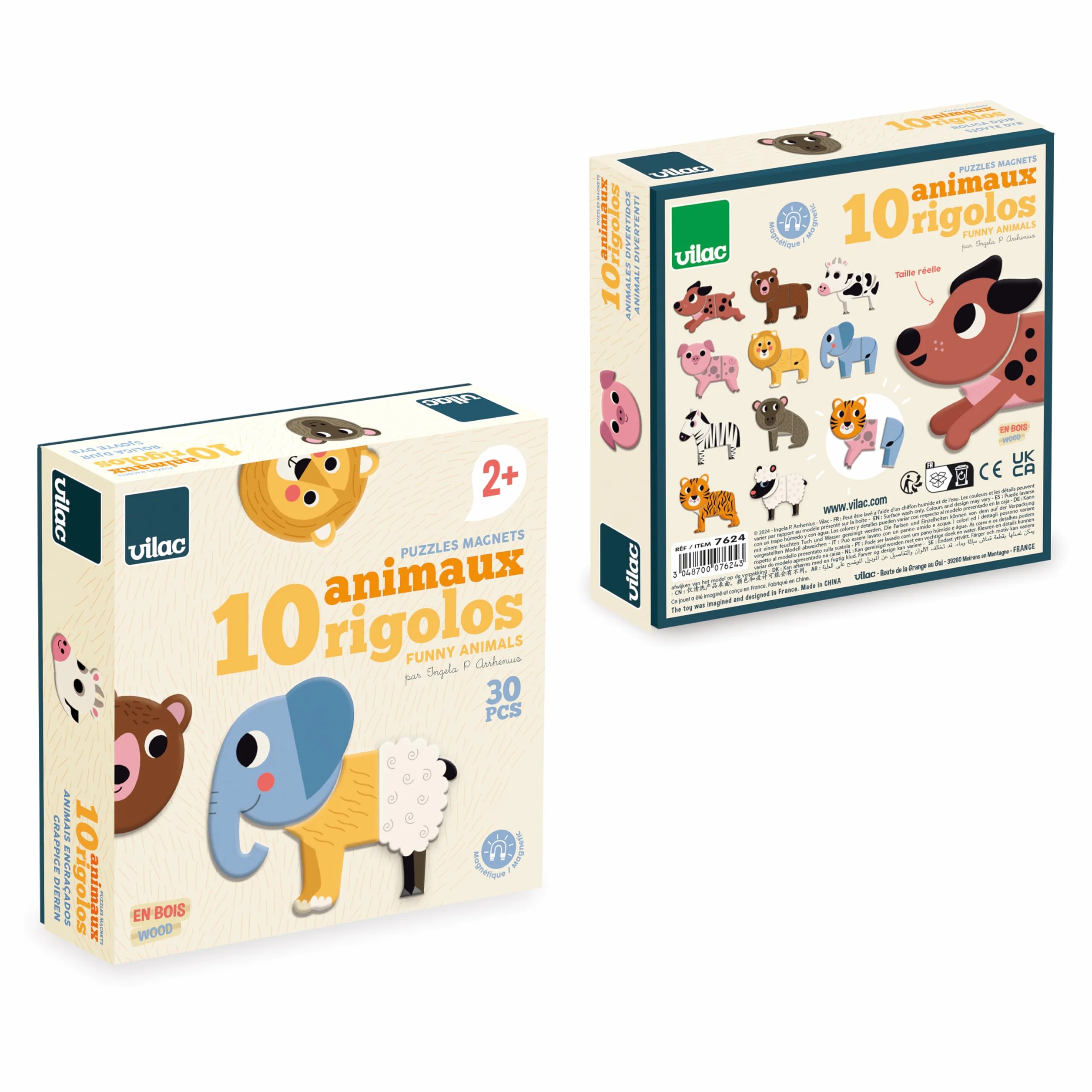 VILAC - Magneti divertenti - Ingela P. Arrhenius - Giochi creativi - 30 magneti in legno per 10 animali + 1 scatola di cartone - Giocattolo in legno - a partire dai 2 anni - 7624