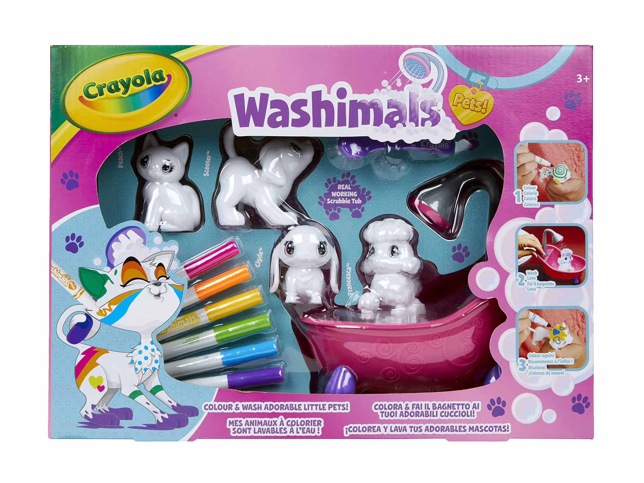 CRAYOLA Washimals Cuccioli vellutati da colorare 4 animali 6 pennarelli Vasca da bagno rosa spazzolina 3+ Anni