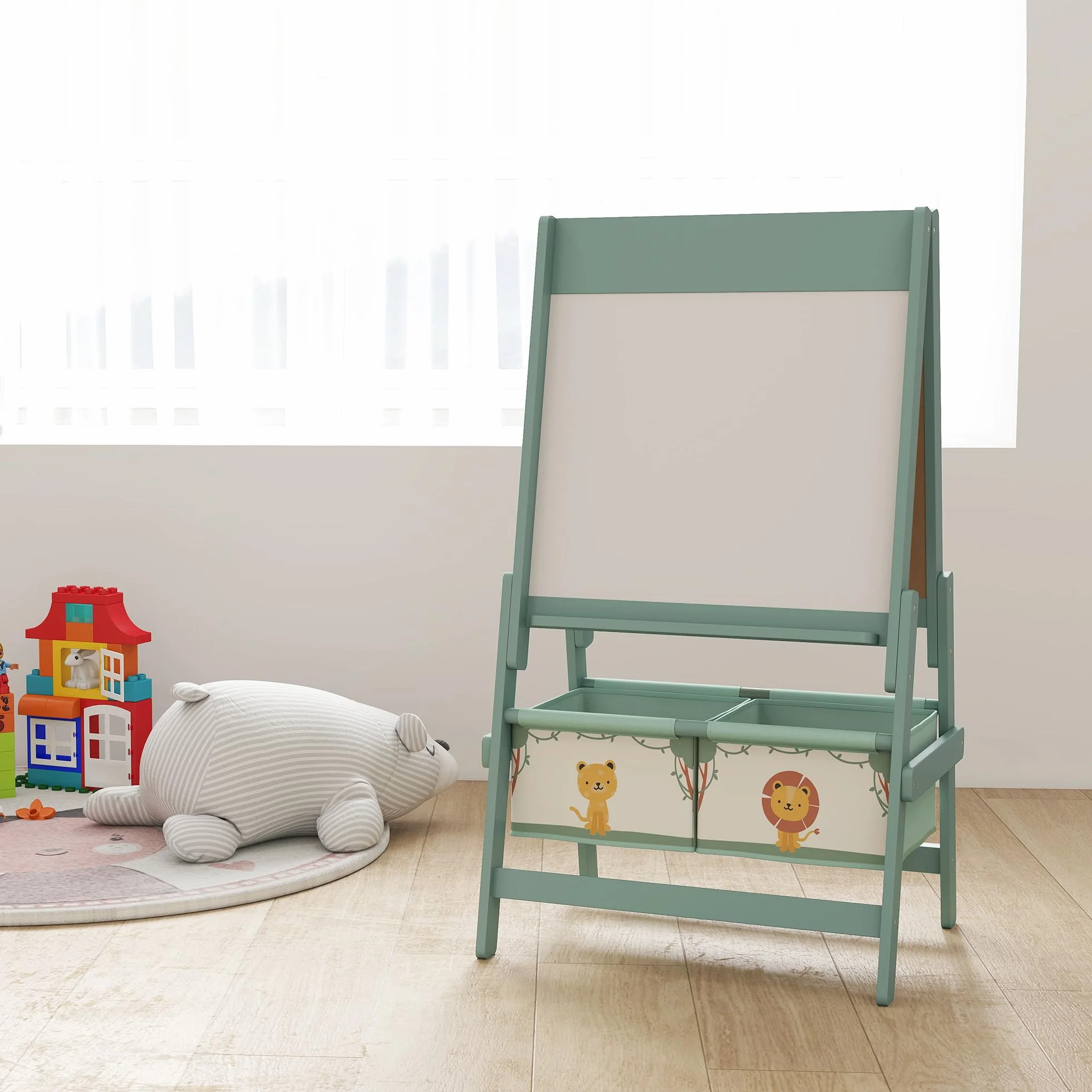 AIYAPLAY Lavagna per Bambini 3 in 1 con Rotolo di Carta e Cestelli Portaoggetti, Cavalletto in Legno di Pino e MDF, 54x46x94 cm, Verde