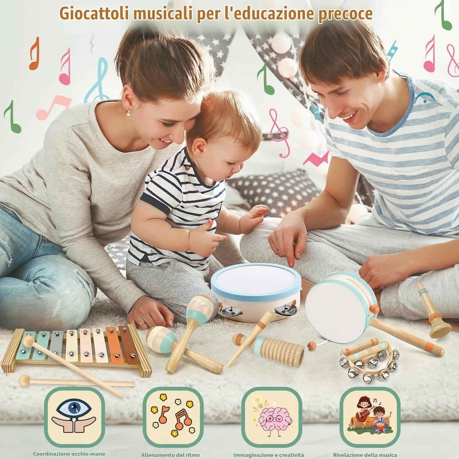 Strumenti Musicali Bambini Strumento Musicale Tamburo Bambino Montessori Giocattoli Xilofono Bambini in Legno Tambourine Percussioni per Bambini Giochi Musicali Regalo di Compleanno di Natale