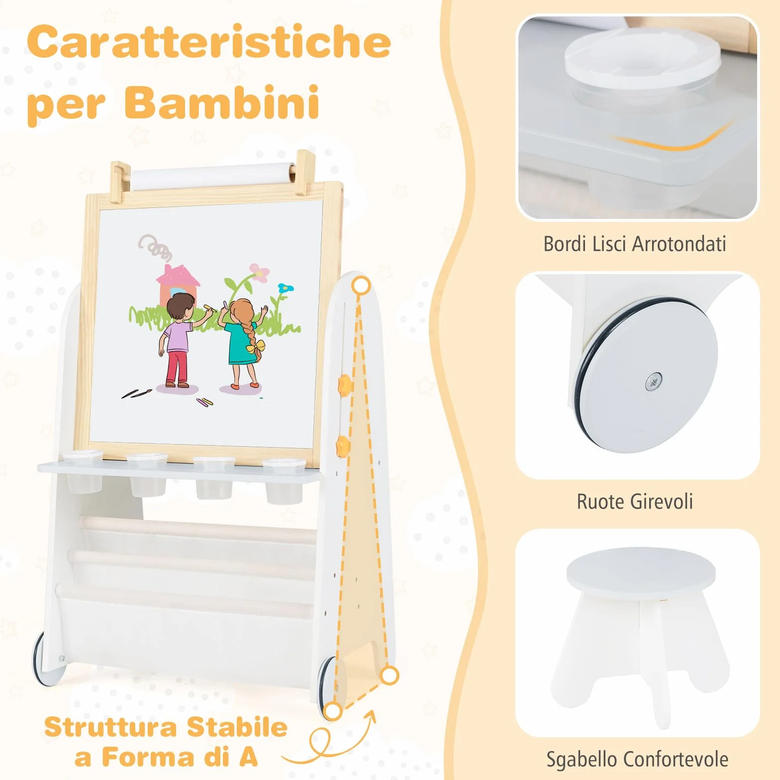 RELAX4LIFE Lavagna 4-in-1 con Sgabello, Lavagna Altezza Regolabile con Ruote, a Gesso, Bianca Magnetico, Ampia Piani di Lavoro & Rotolo di Carta, Regalo per Bambini da 3 Anni in Su