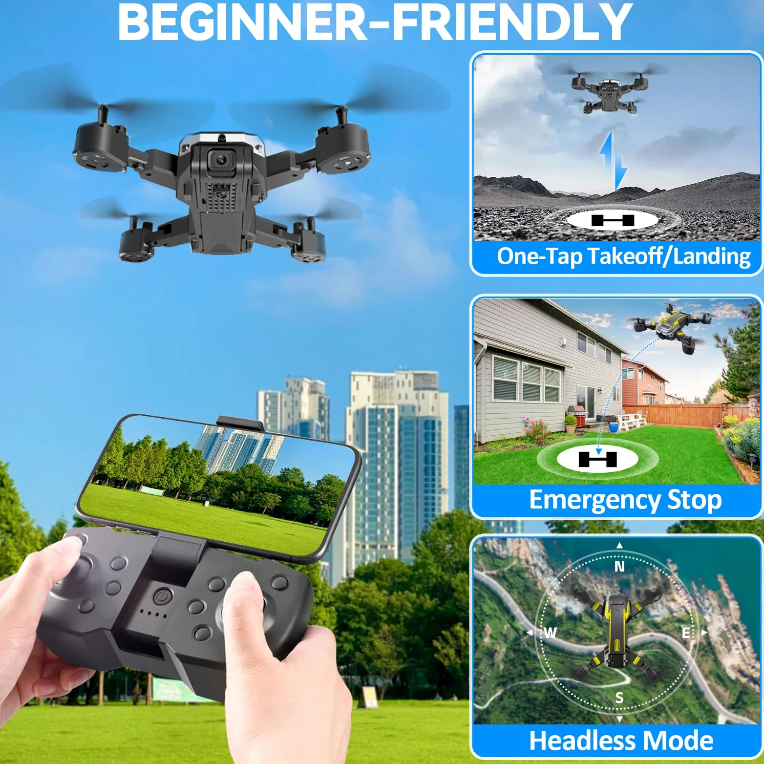 Drone con Doppia Camera HD per Principianti, Drone Pieghevole per Bambini, 3D Flip, Decollo/Atterraggio 1 Tasto, Modalità Headless, Volo a Waypoint, per Bambini o Novizi, 2 Batterie