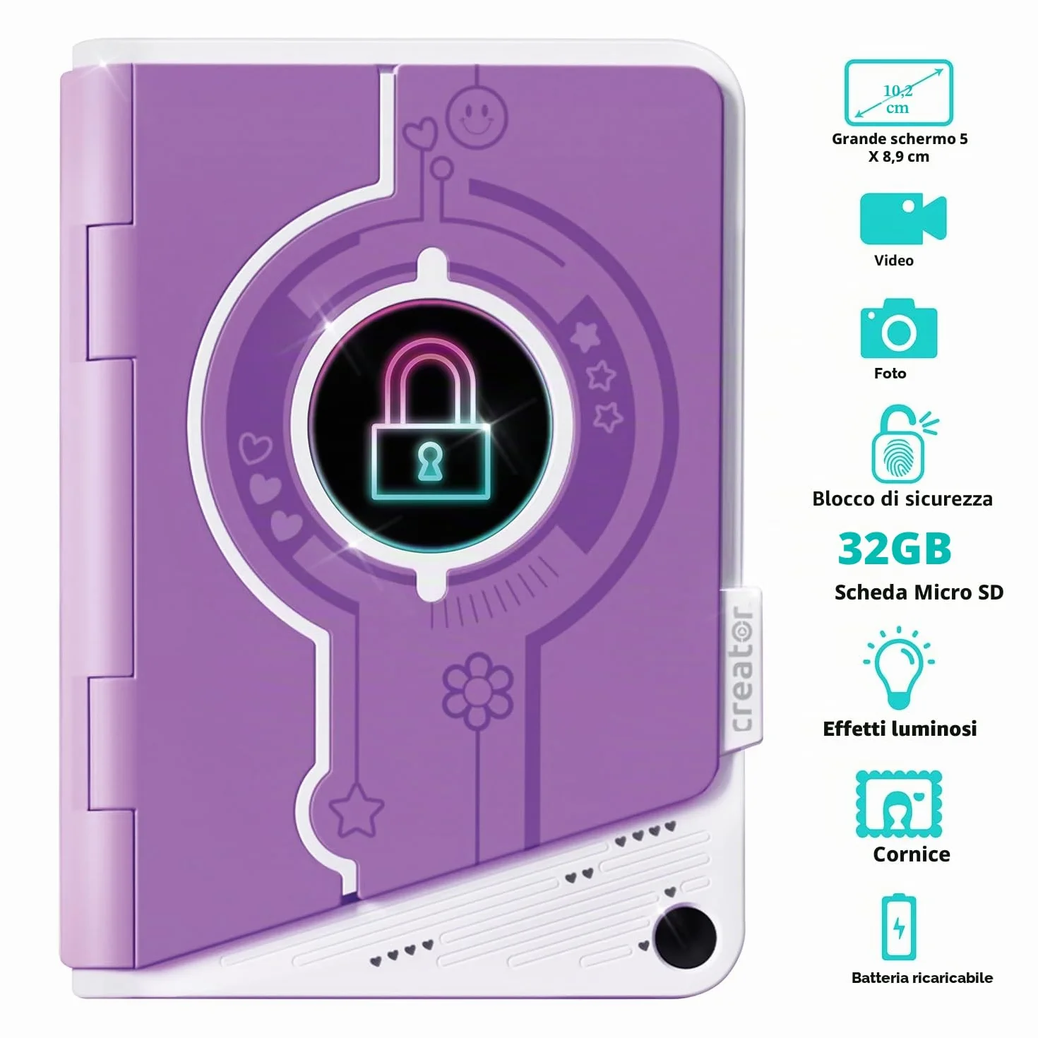 Canal Toys Diario Segreto Video Bambini Viola - 32 GB Registra Video Foto Impronta Digitale 24 Effetti LED