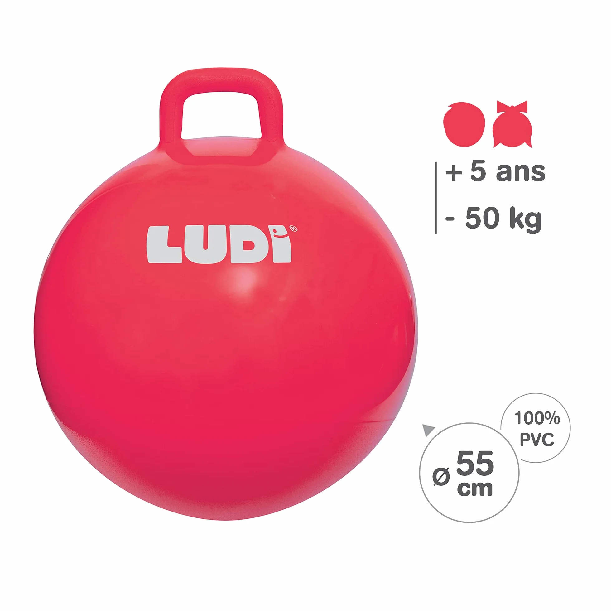 LUDI Pallone per Saltare XXL Rosso, Ludi, Maniglia Anatomica - Pallone Gonfiabile Grande - Plastica Spessa ed Elastica - Giocattolo al Chiuso e all’Aperto