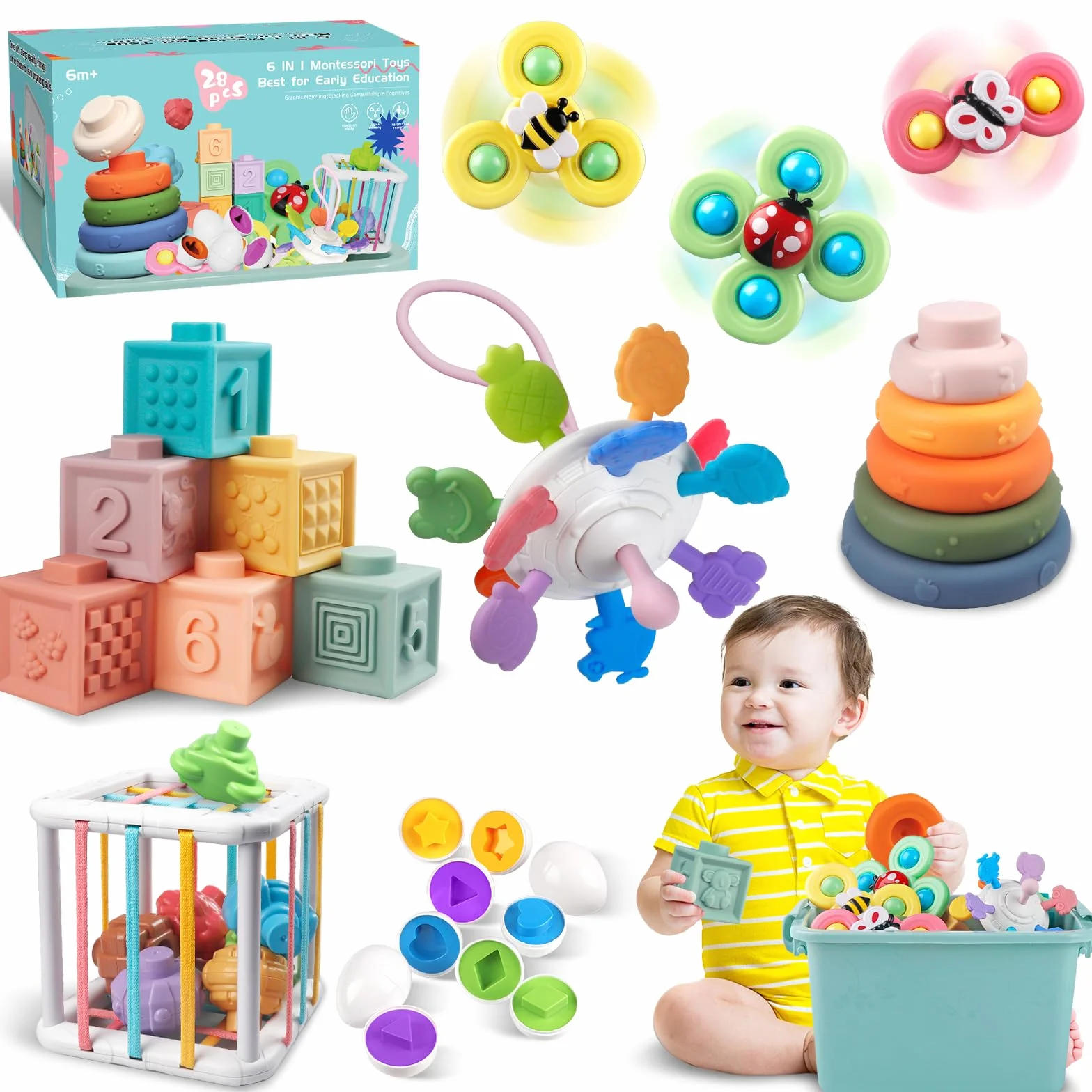 Weilim Giochi Neonato 6-12 Mesi, 6 in 1 Giochi Montessori 1 Anno, Giocattoli Sensoriali per Bambini, Blocchi Impilabili Anelli Uova da Abbinare, Giochi in Legno Regalo Bimba Bimbo 1-3