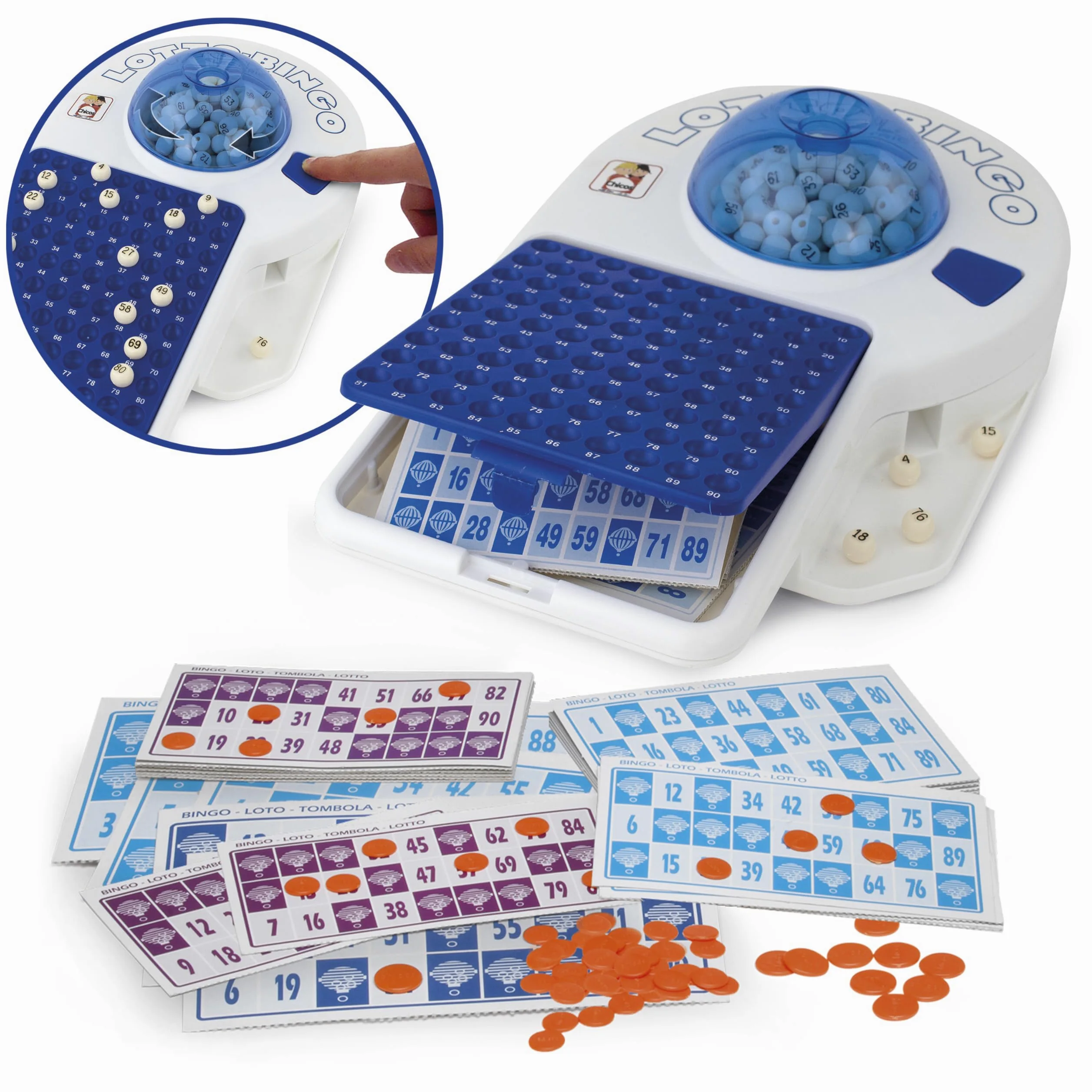 Chicos - Tombola Elettrica Famiglia | Bingo elettronico 24 cartelle con 90 palline indelebili | Estrazione automatica e vano porta gettoni | Fino 24 giocatori | Consigliato dai 3 anni (22302)