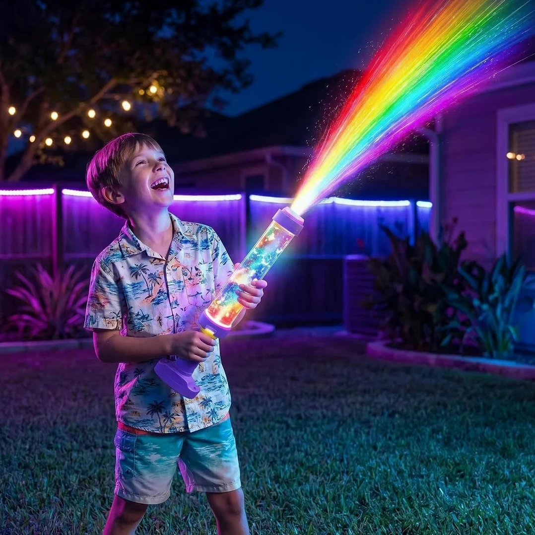 Blaster ad acqua a LED arcobaleno incandescente, spara fuochi d'artificio, divertimento estivo che si apre come per magia, pistola ad acqua arcobaleno per feste in piscina all'aperto giochi d'acqua