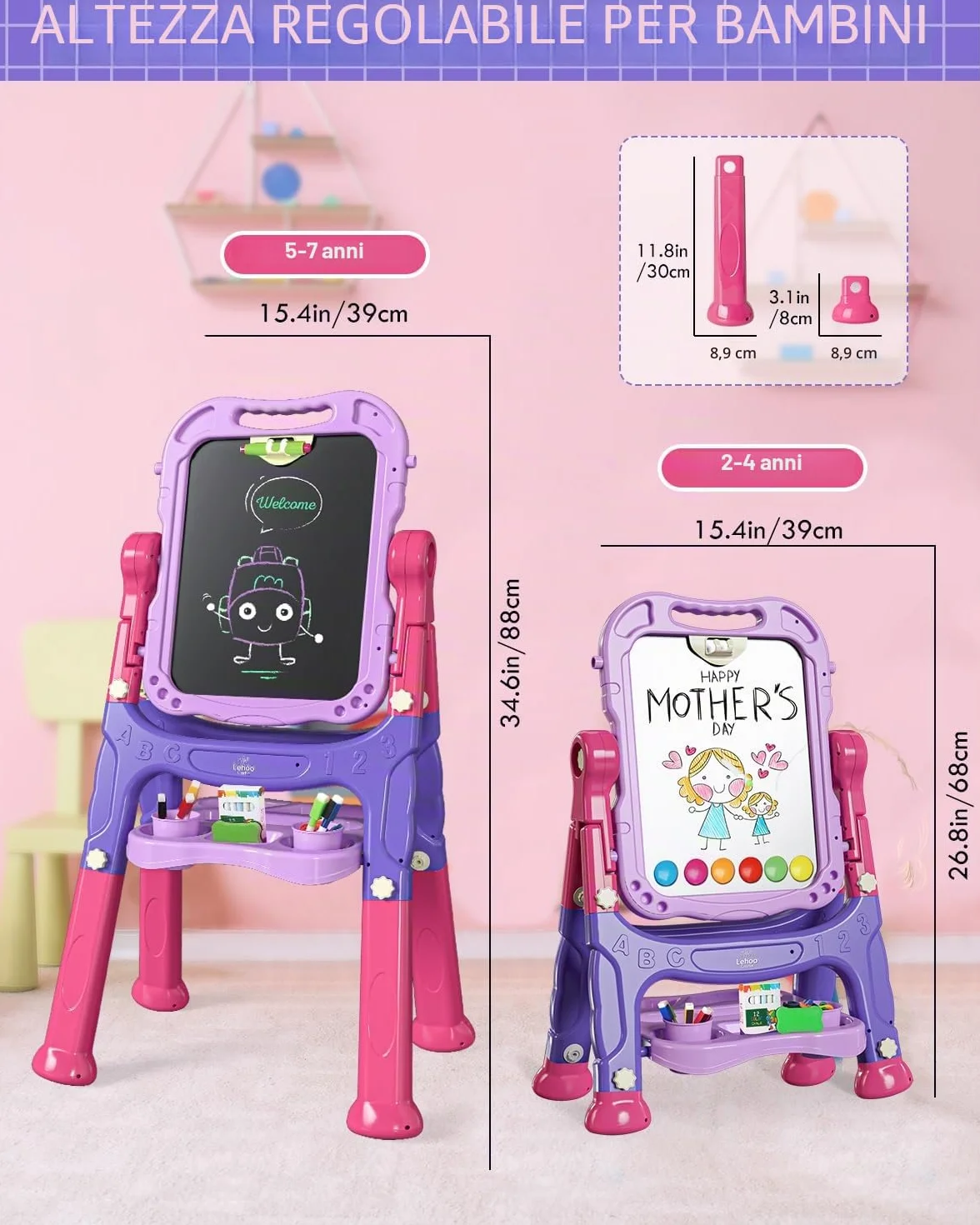 Lehoo Castle Lavagna per Bambini, 4 in 1 Lavagna Magnetica per Bambini, 360° Cavalletto Pitturai Regolabile Altezza, Giocattolo Educativo 3+ Anni(Viola)