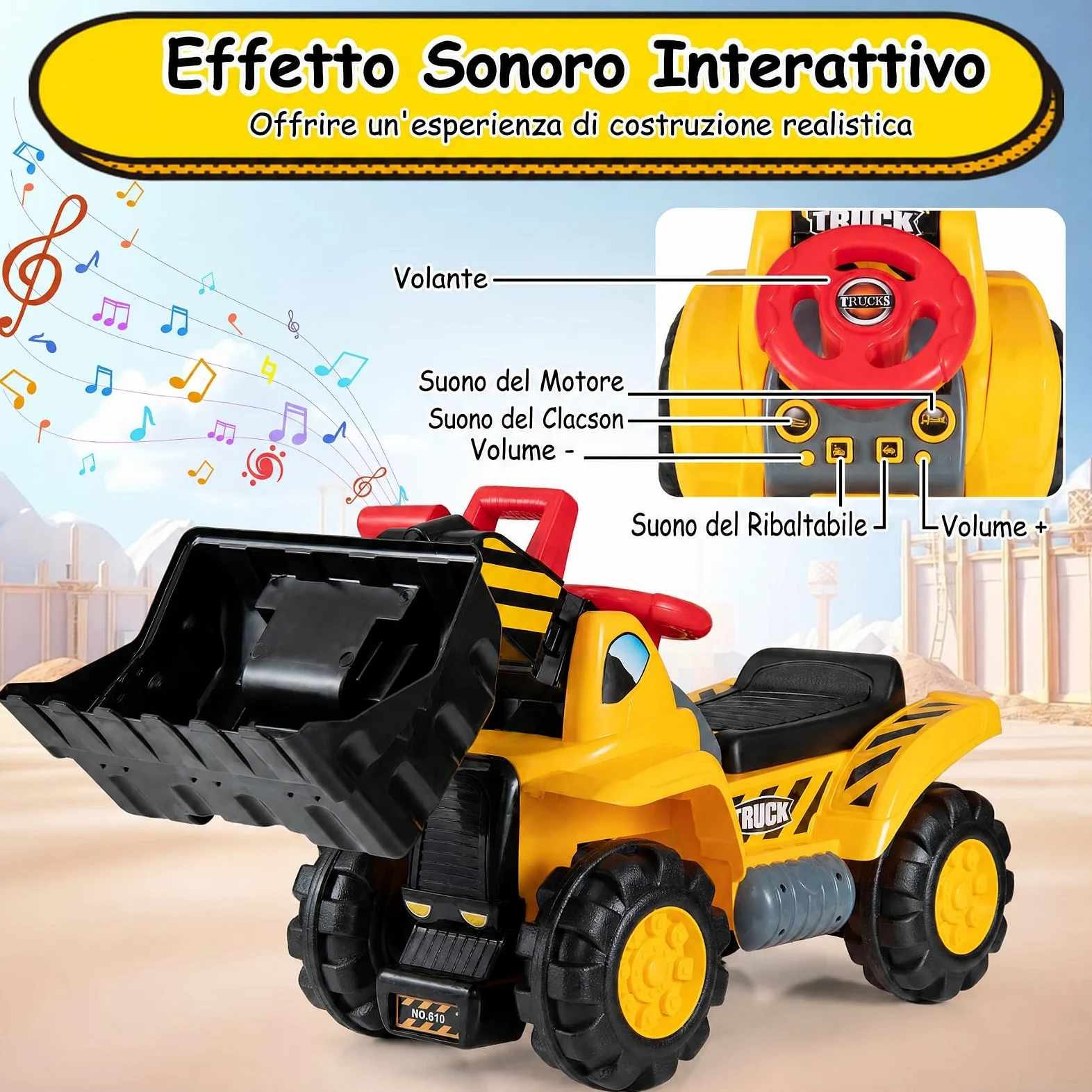 COSTWAY 3 in 1 Escavatore Cavalcabile per Bambini 2+ Anni, Carico 25 kg | Ruspa Giocattolo per Bambini con Suoni Realistici, Seduta con Vano Portaoggetti, Pietre, Casco e Gilet, per Casa Asilo