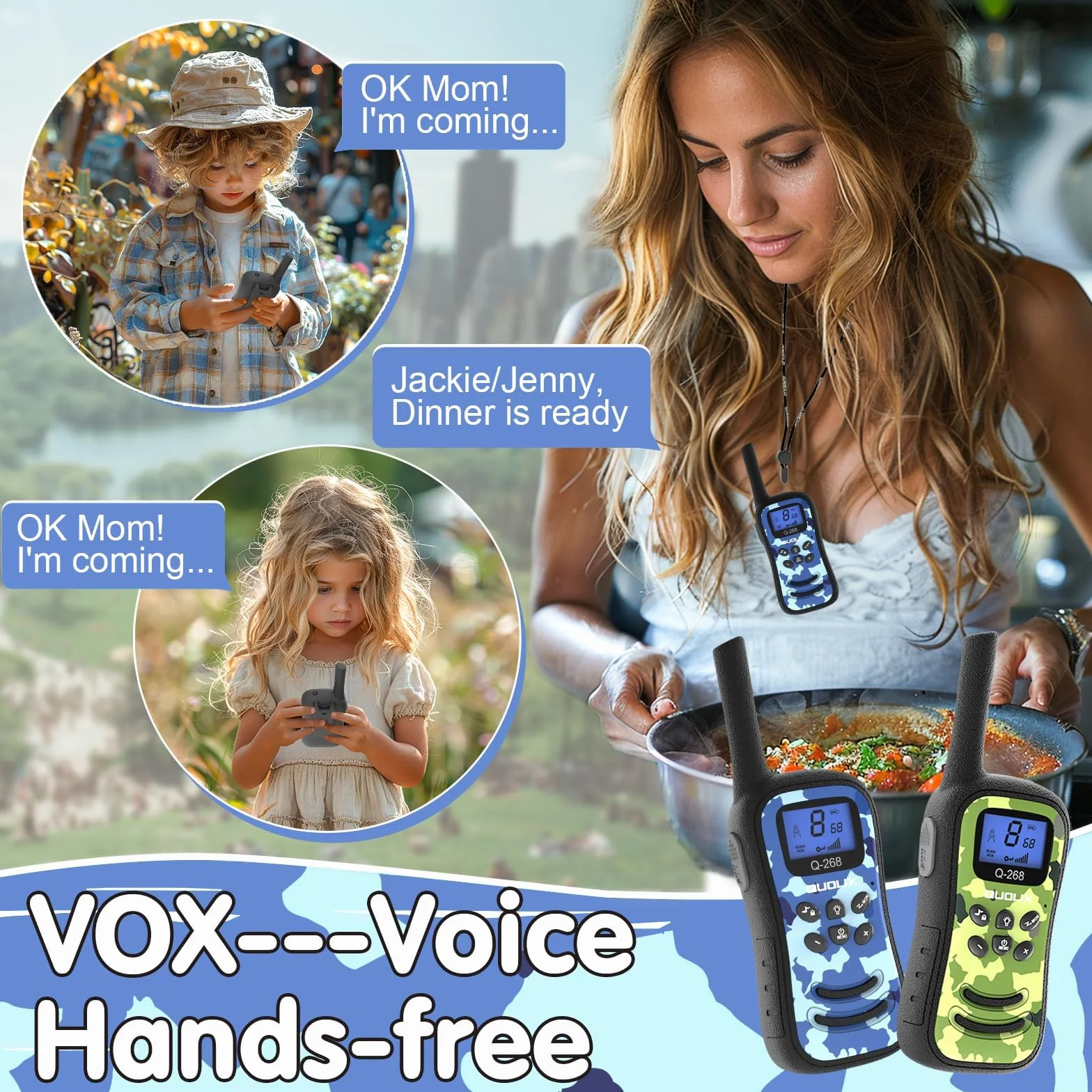 QUOLIX Walkie Talkie Ricaricabili per Bambini, Radio 8 Canali a Lunga Distanza con Torcia, Blu+Verde