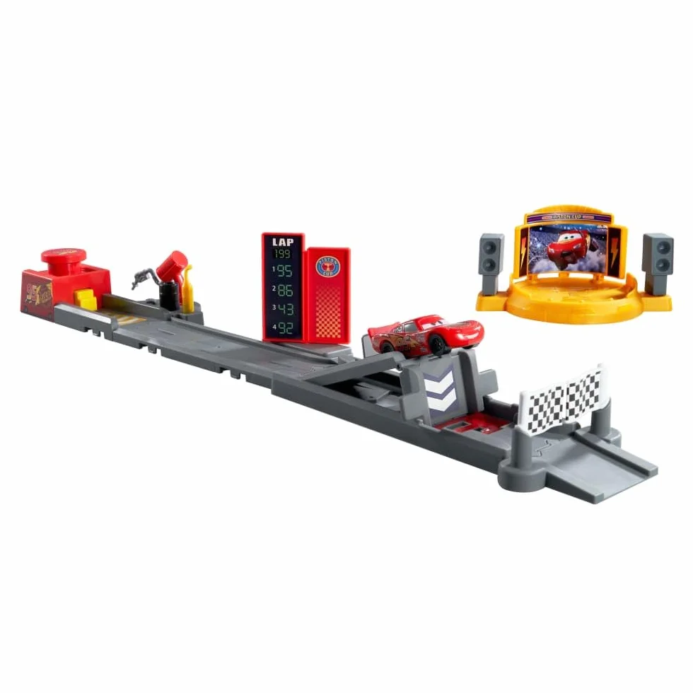Mattel CARS - Pista di Lancio Piston Cup, set lungo 50+ cm con salti, acrobazie e 2 modalità di gioco, veicolo di Saetta McQueen incluso, giocattolo per bambini, 4+ anni, JDJ02