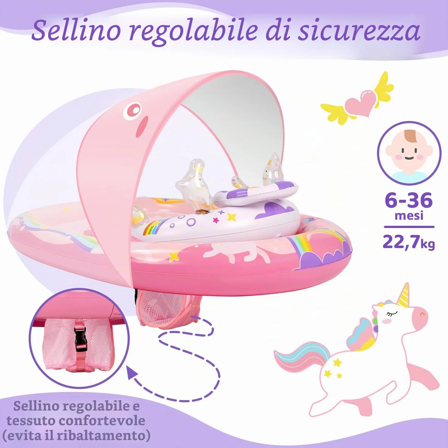 ACELIFE Anello galleggiante per bambini con tettuccio parasole rimovibile e giocattolo, per bambini dai 6 mesi in su, con sedile di sicurezza regolabile, per bambini da 6 a 36 mesi