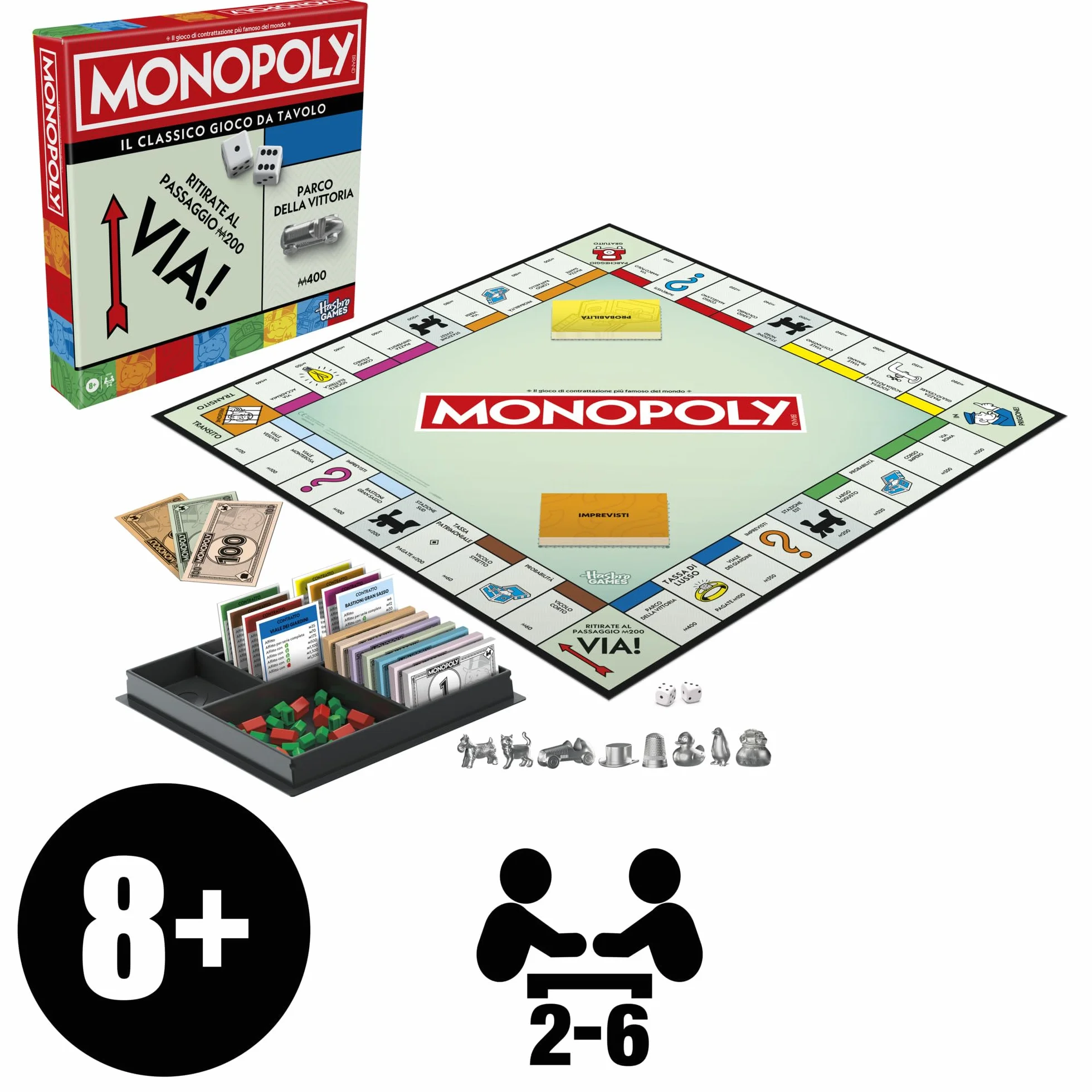 Monopoly Gioco da Tavolo Hasbro per Famiglia 2-6 Giocatori 8+ Anni Italiano Vaschetta Contenitore Pedine Grandi