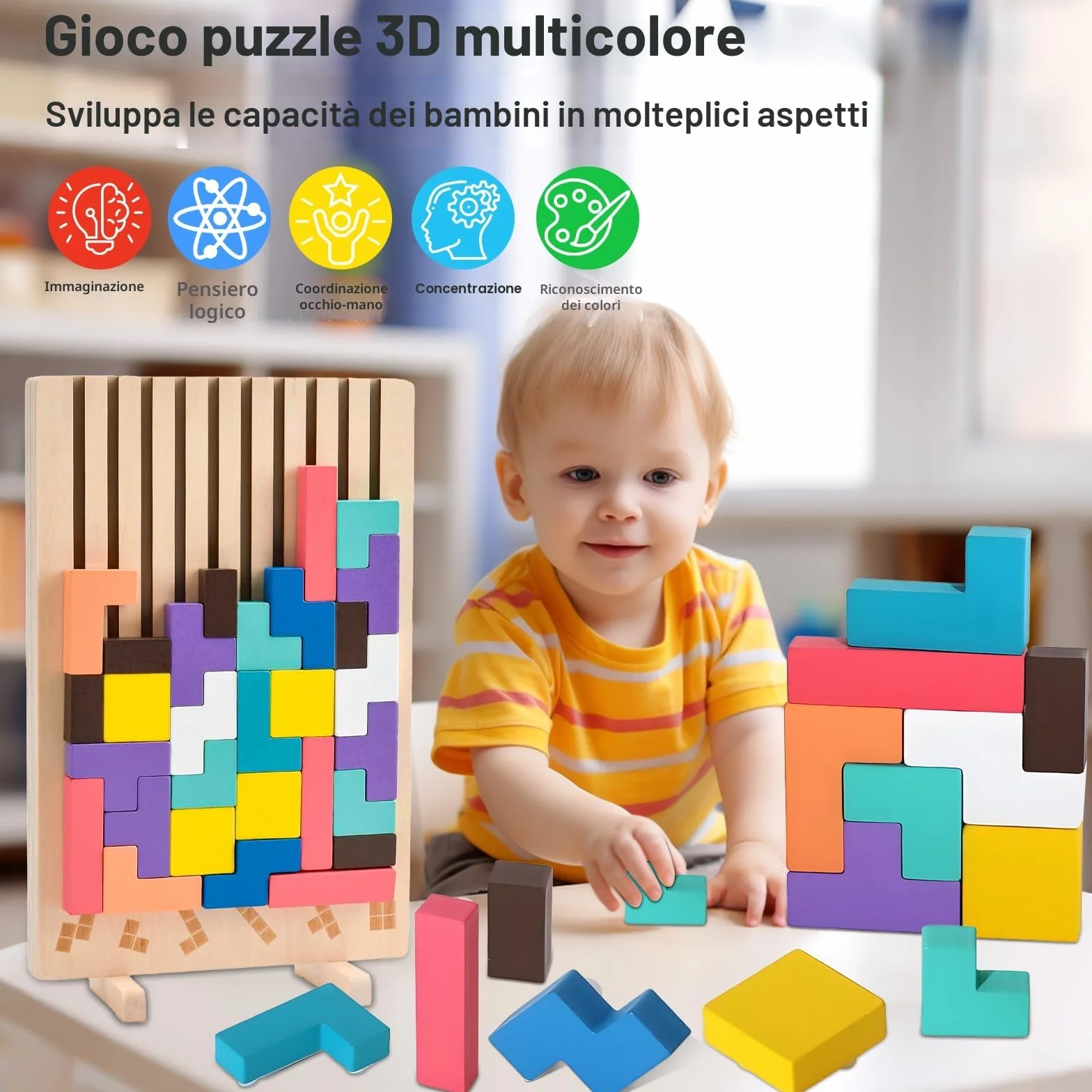 ZLPBAO Tetris Gioco per Bambini con 10 Carte e Borsa, Puzzle 3D di Legno Tetris Giochi montessori 3 anni, Intelligenza Jigsaw Rompicapo, Regali per Bambini di 3, 4, 5, 6 Anni