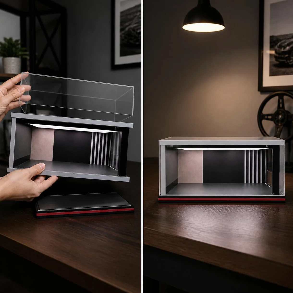 Vetrina Espositiva Modellini Auto 1:18 | Acrilico, luce a soffitto, per modellini 1:18, legno, copertura antipolvere, per ufficio