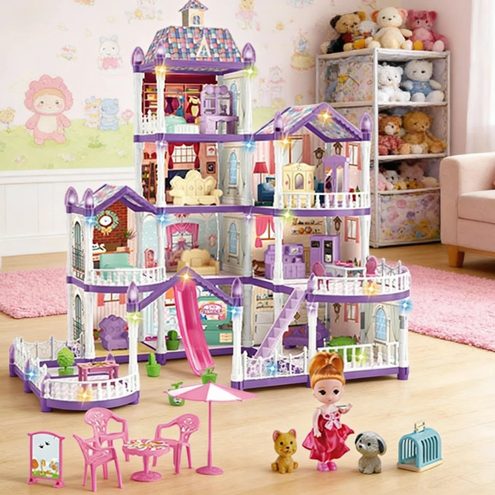 Casa delle Bambole 4 Piani 13 Stanze Villa Miniatura da Montare | Piccola Casa Delle Bambole Con 3 Principesse 2 Cuccioli E Arredo Per Bambine 4-6 di Ruolo Indoor Regalo per Feste