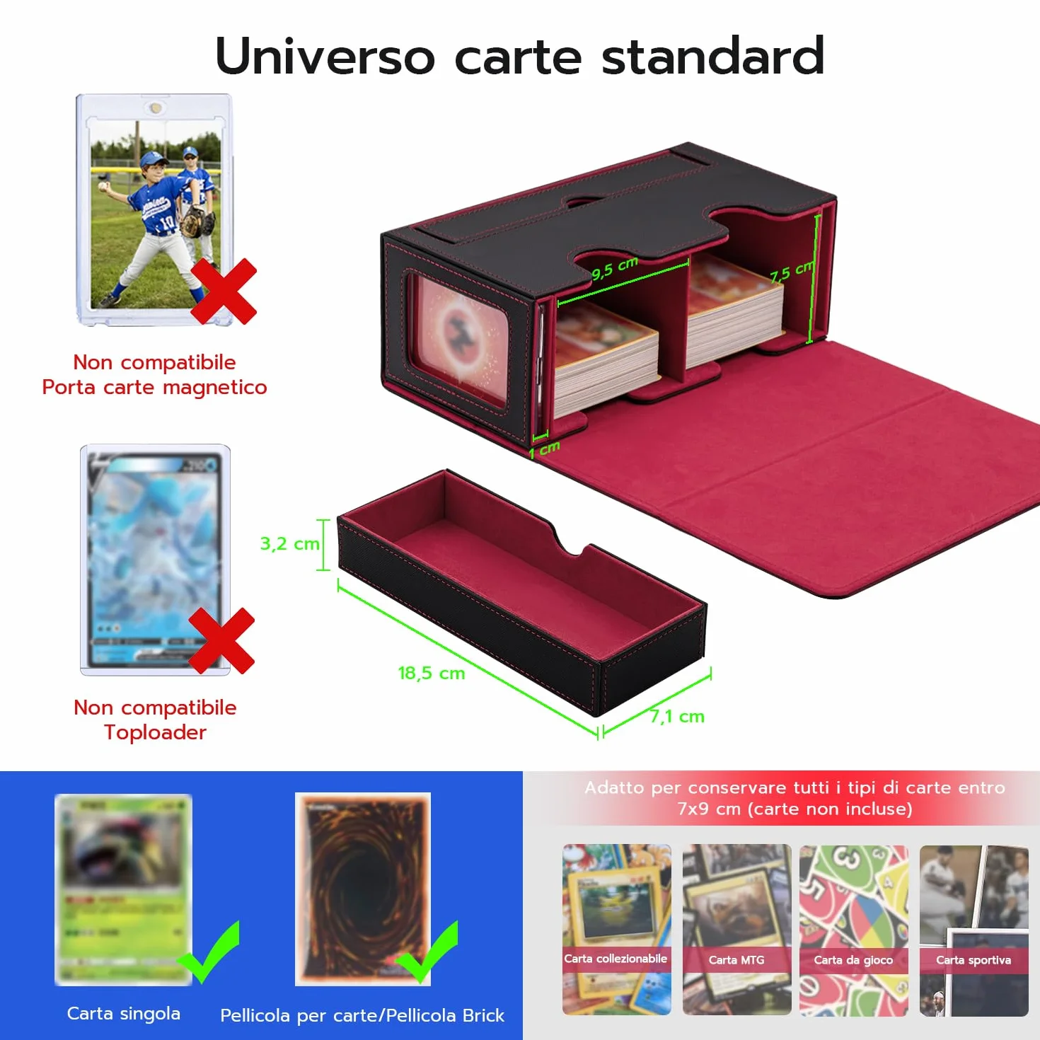 Tolesum Doppio Deck Box Porta Mazzo per MTG, Capacità di 300+ New Carte Senza Maniche con 1 Dice Tray,Magnetic Flip Deck Box per Scatola di Carte di Collezione Magic Commander TCG -Nero e Rosso