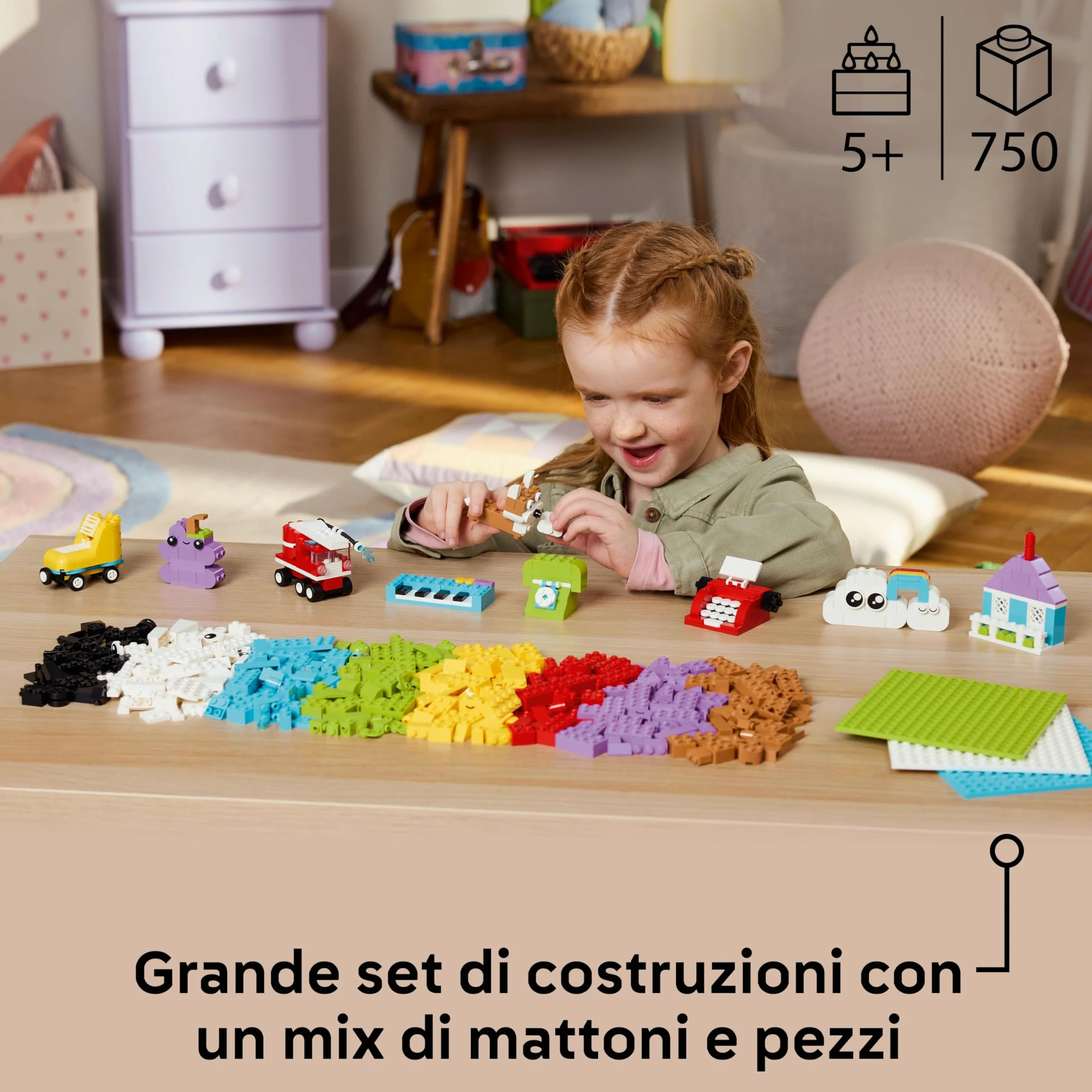 LEGO Classic Scatola Creativa Build-and-Play - Mattoncini Colorati per Costruire Casa, Cane Giocattolo, Camion dei Pompieri, Tastiera e Altro - Giochi Creativi per Bambini e Bambine da 5 Anni - 11044