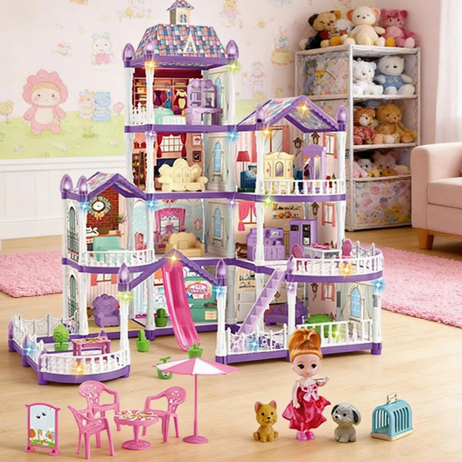 Casa delle bambole, 4 piani, 13 stanze, kit in miniatura | Villa - Set da gioco per casa delle bambole con 3 principesse e 2 cuccioli e accessori per mobili per bambini dai 4 ai 6 anni
