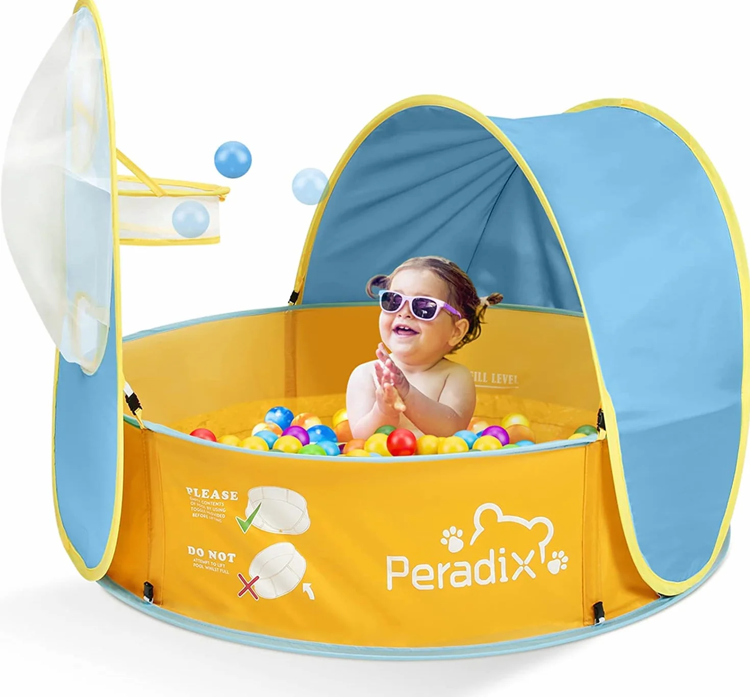 Peradix 2 in 1 Tenda da Bambini Pop Up Pieghevole, Mini Vasca Palline Casetta Solare Anti-UV con Tettoia e Canestro Viaggio in Spiaggia