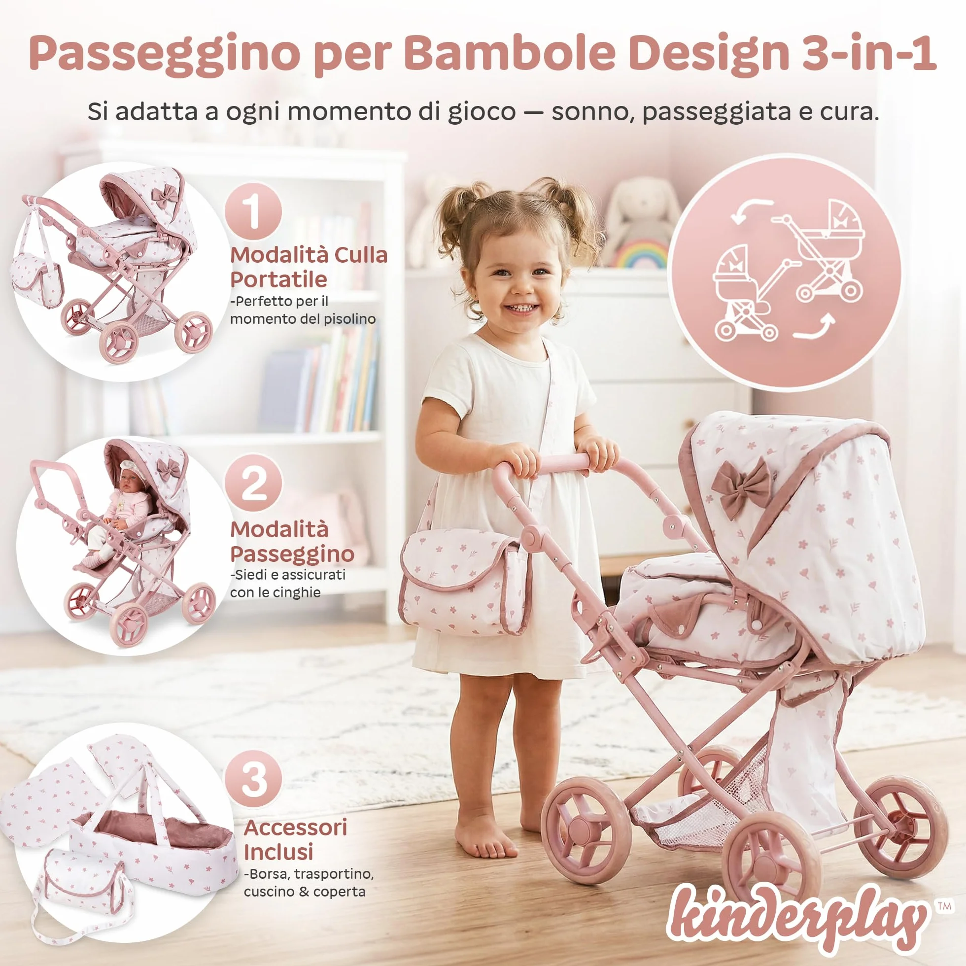 Kinderplay Passeggino per bambole 3 in 1 rosa con borsa per il trasporto – Passeggino regolabile in altezza 36,5 – 64 cm, pieghevole, ruote in schiuma silenziose, per bambole fino a 40 cm, dai 3 anni