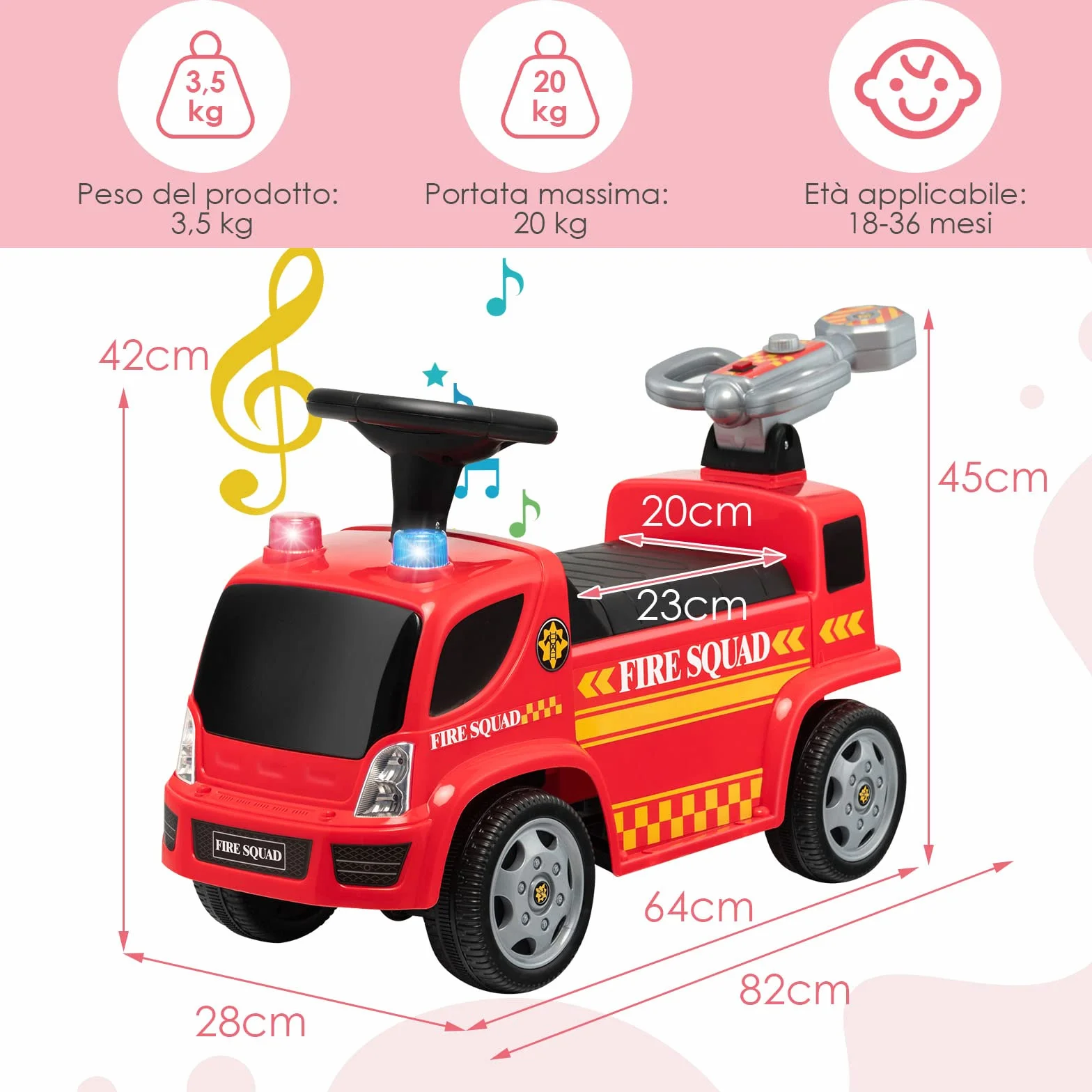 COSTWAY Camion dei Pompieri Giocattolo Cavalcabile a Spinta per Bambini con Bolla Musica Luci Allarme Rosso 18-36 Mesi