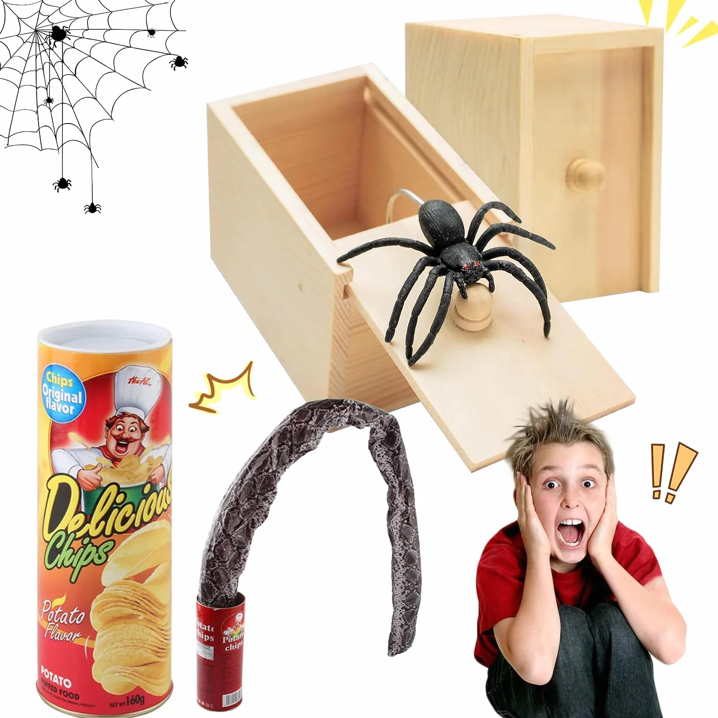 Scatola Scherzo Ragno, 2 Pezzi Spider Box Prank, 1 Pezzi Primavera Serpente Giocattolo, Scherzo Ragno, Lattine di Patatine Scherzi, Scatole di Scherzi a Sorpresa per Halloween e Pesce d'aprile