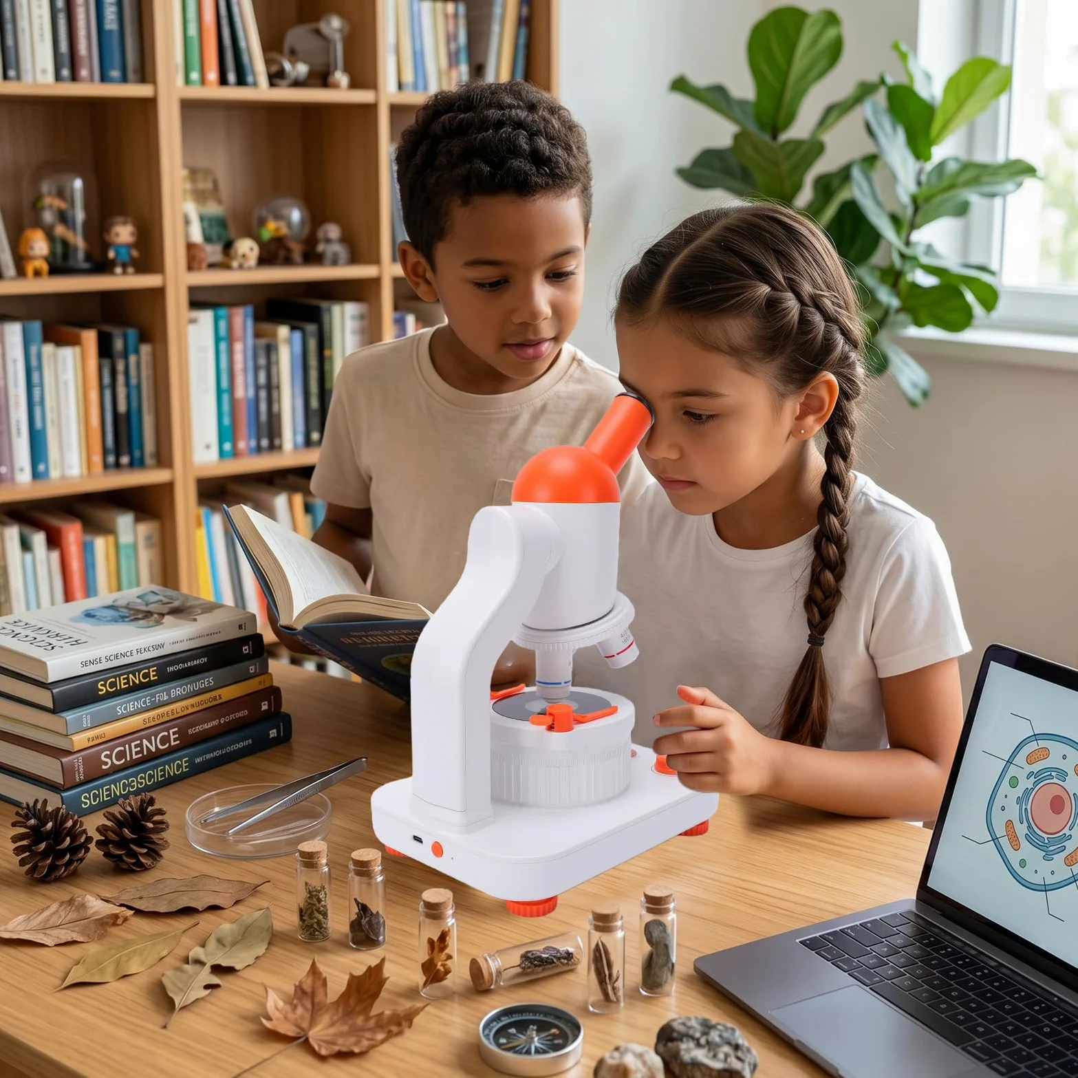 Fockety Microscopio per Bambini, Microscopio Educativo per Bambini con Ingrandimento da 40X a 400X, Giocattolo Scientifico con Doppia Illuminazione a LED, Kit di Diapositive