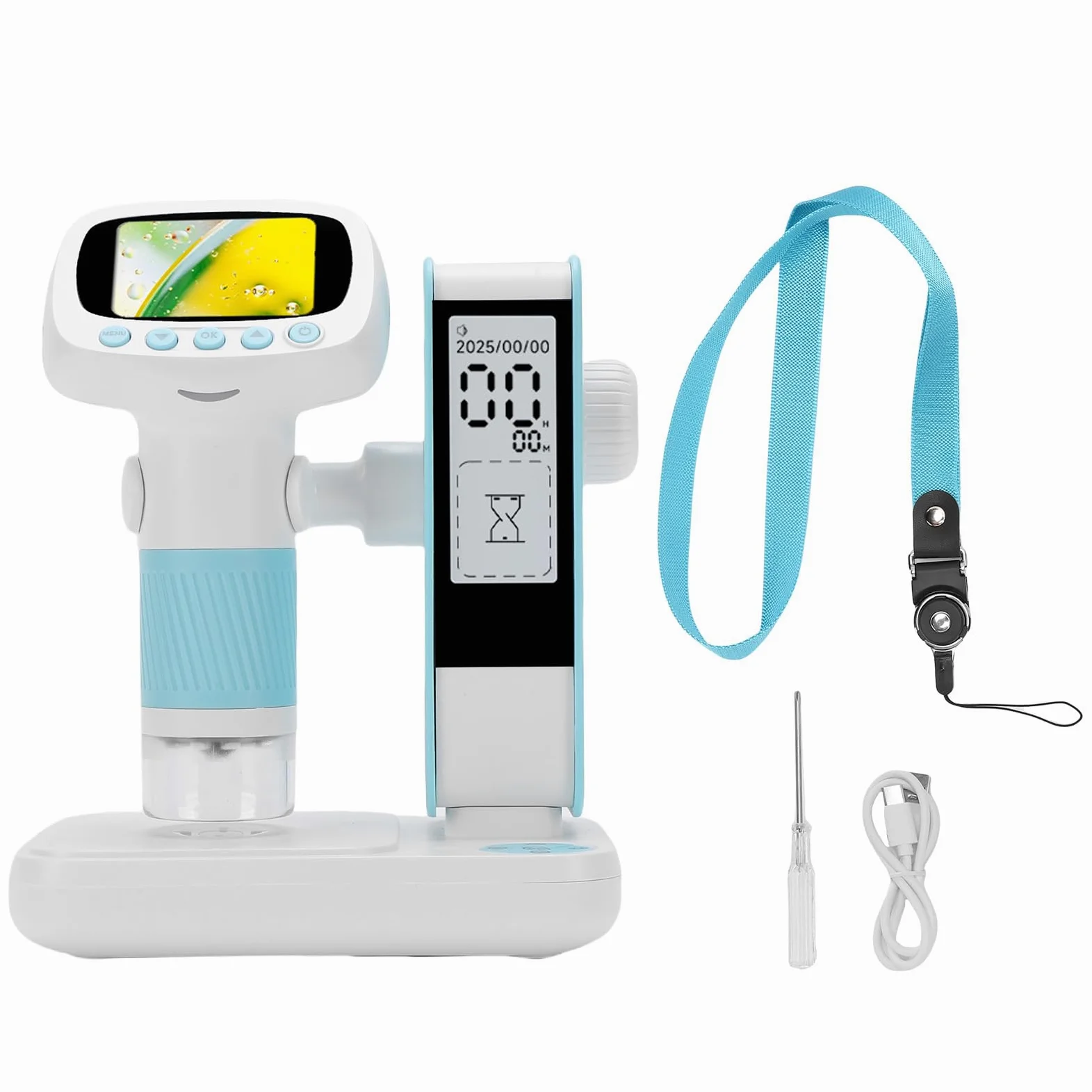 Kit microscopio per Bambini Microscopio Digitale Portatile 1080P HD con Supporto per Schermo da 2,0" Giocattolo educativo scientifico Portatile 2 in 1 con Timer Luce LED Blu CM5