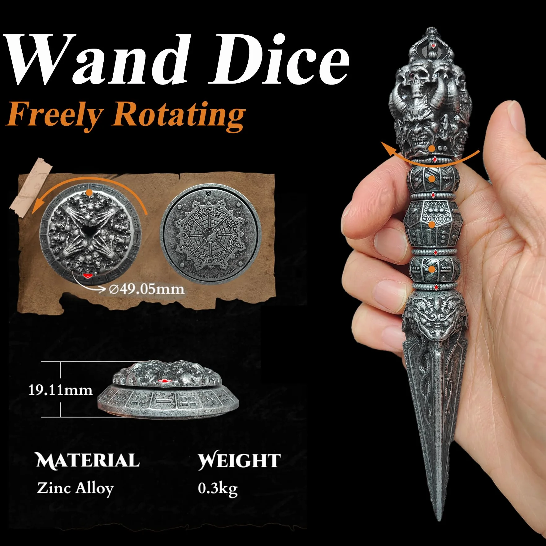 Wand Dice Dadi a bacchetta magica 7 in 1 per DND Dungeons and Dragons, dadi in metallo Fidget Spinner per D20 D12 D10 D8 D6 D4 D% collezione Goblin (nero)