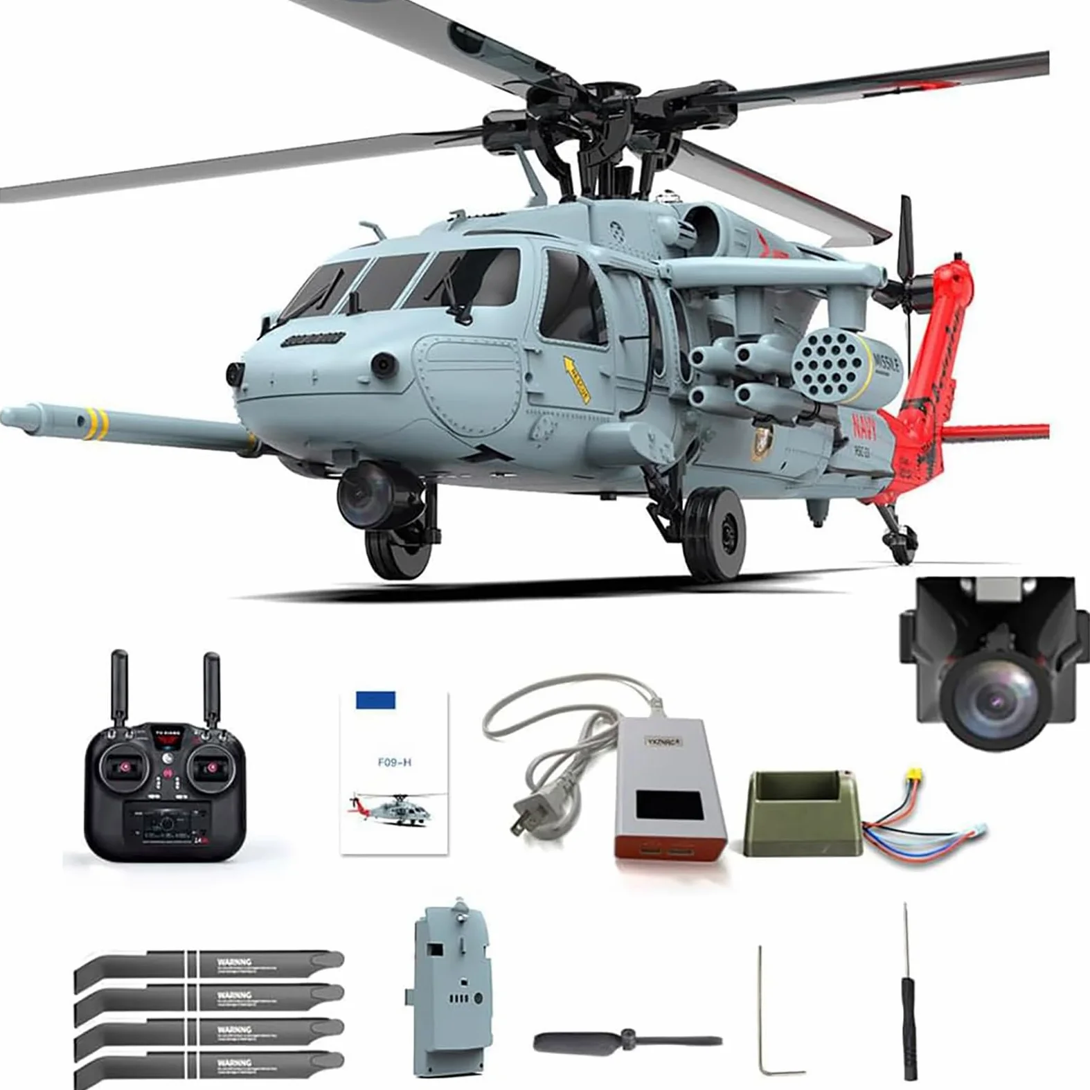 Generico Elicottero RC con Telecamera FPV per Adulti, F09-H SH60 2.4G 8CH Motore Senza spazzole Elicottero Militare, 6G/3D Stunt Copter RC Modello di aeromobile con Controller