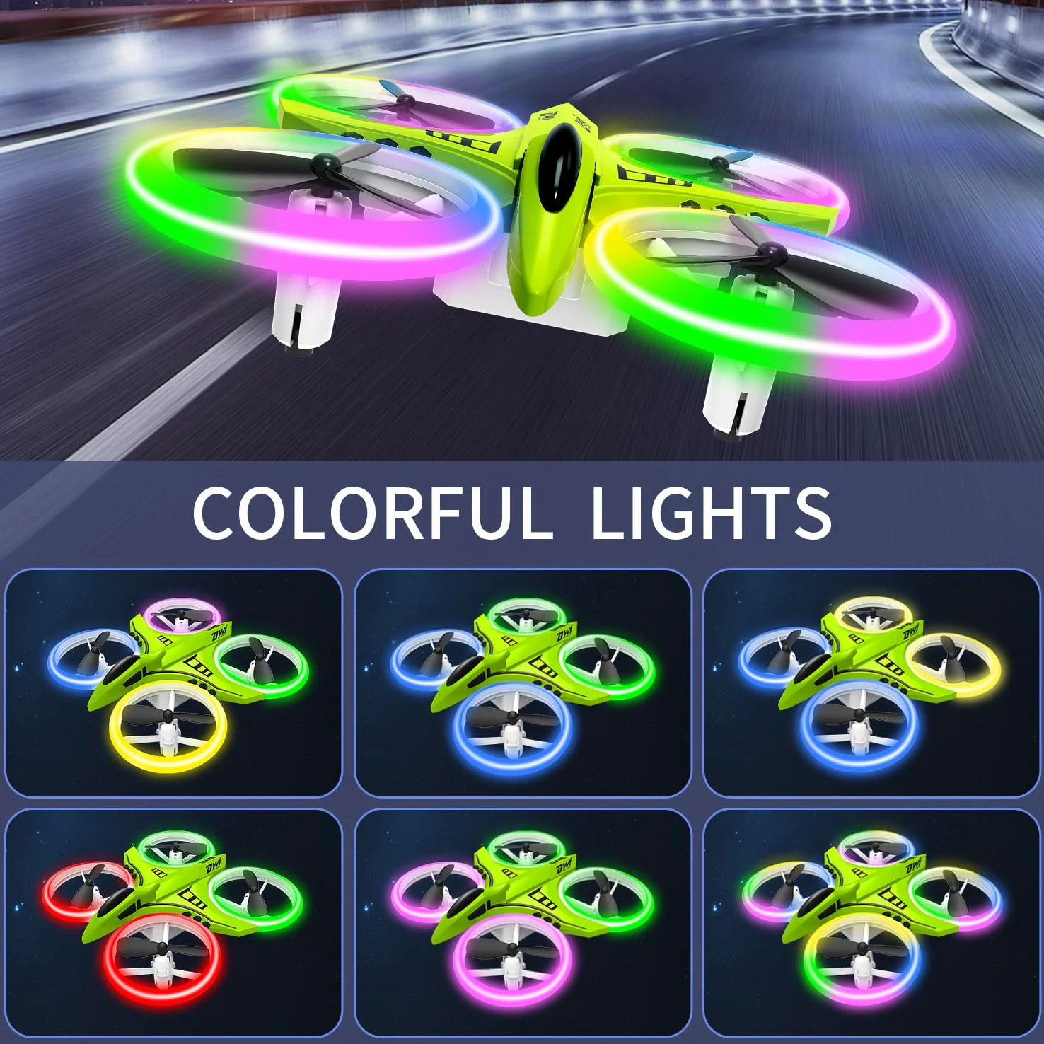 Dwi Dowellin Mini Drone for Kids Crash Proof LED Night Lights One Key Take Off Landing Flips RC Remote Control Small Flying Toys Drones for Beginners Boys and Girls Adults Nano Quadcopter, Green