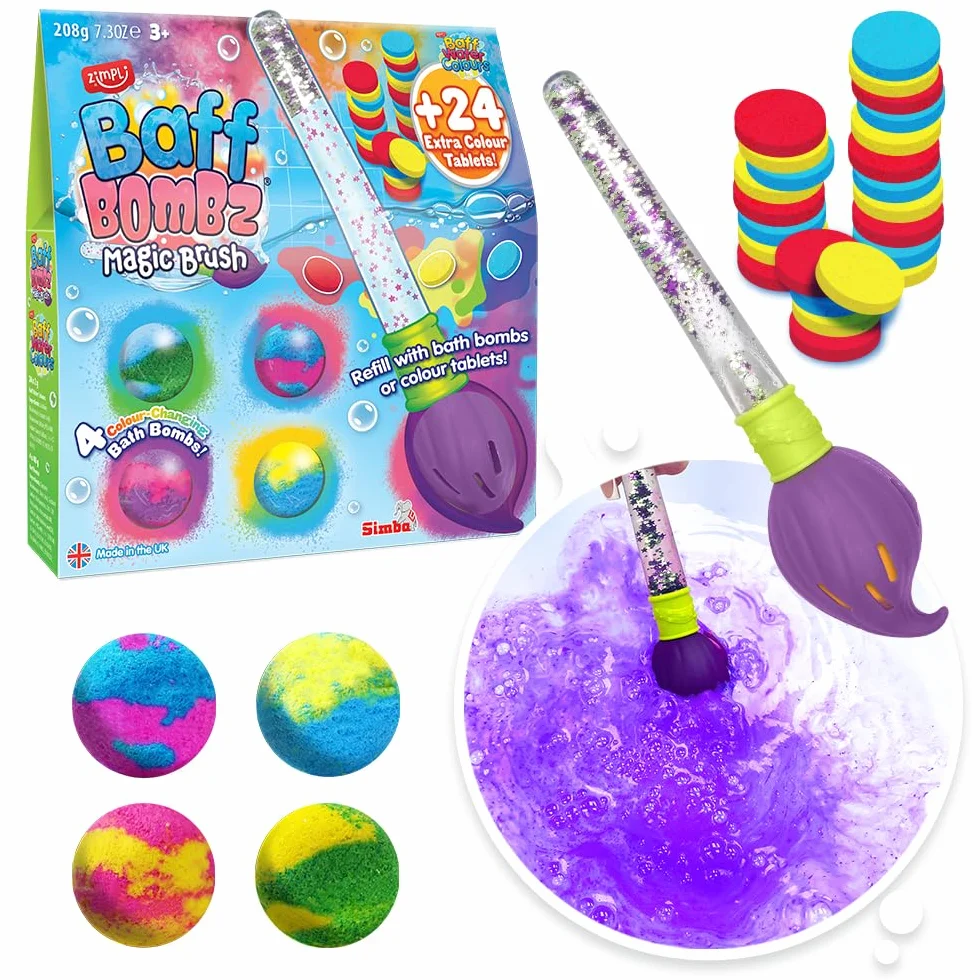 ZIMPLI Baff Bombz Magic Brush, 4 bombe da bagno e 24 pastiglie colorate, bacchetta magica. Dipingi magicamente l’acqua della vasca con questo giocattolo creativo. Giocattolo da bagno per bambini