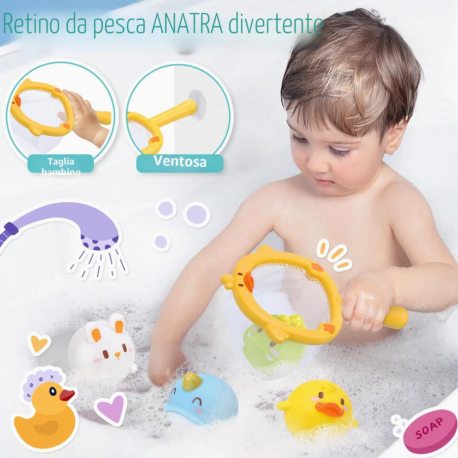 CUTE STONE Giocattolo da bagno per bambini, giocattolo da bagno con pista di costruzione scivolo acquatico, giocattoli galleggianti senza fori, gioco di rete da pesca anatra, regali per ragazzi e