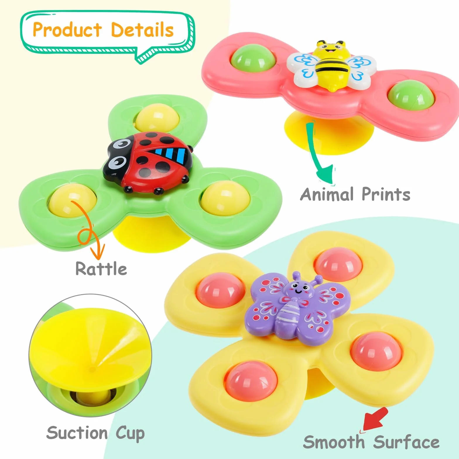 Ainiv Ventosa Spinner Top Giocattoli, 6PCS Ape Farfalla Coccinella ​Animali Simpatici Giocattoli per Il Bagno del Bambino, Ventose Girevoli Giocattoli per Bambini,Giocattoli Sensoriali per Bambini