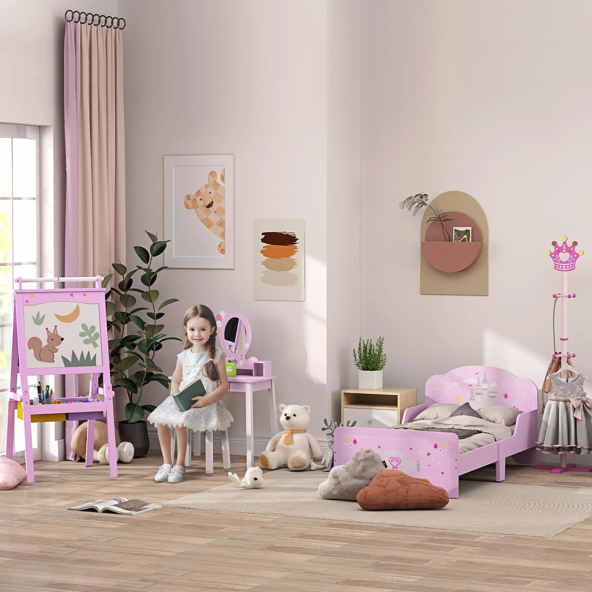 HOMCOM Lavagnetta per Bambini in Legno Rosa 3 in 1 Cavalletto Lavagna Bianca Nera Rullo Fogli