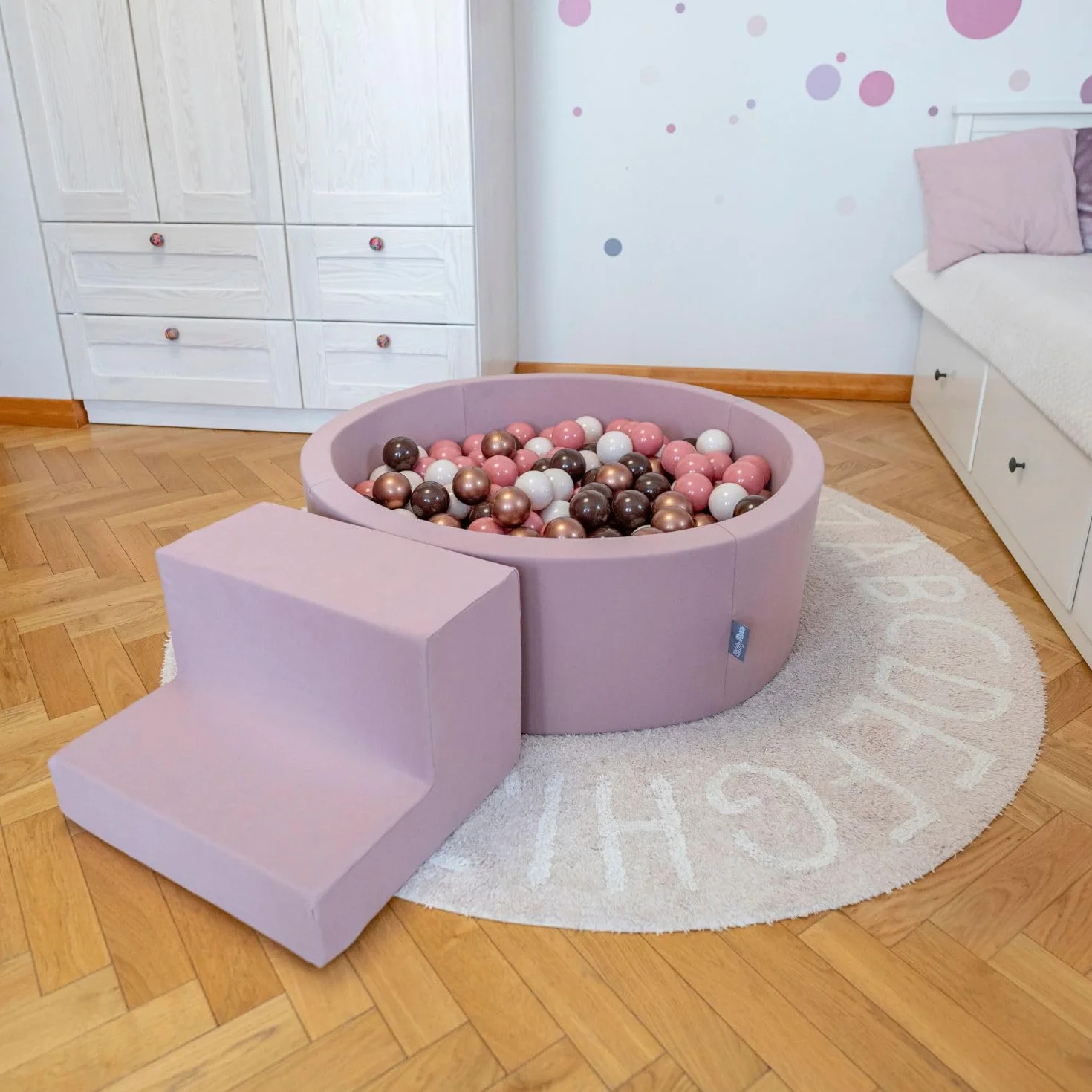 KiddyMoon Area di Gioco in Schiuma con Tondo Piscina di Palline (300 Palline) per Bambini, Erica: Blu Pastello/Giallo Pastello/Bianco/Menta/Rosa Chiaro